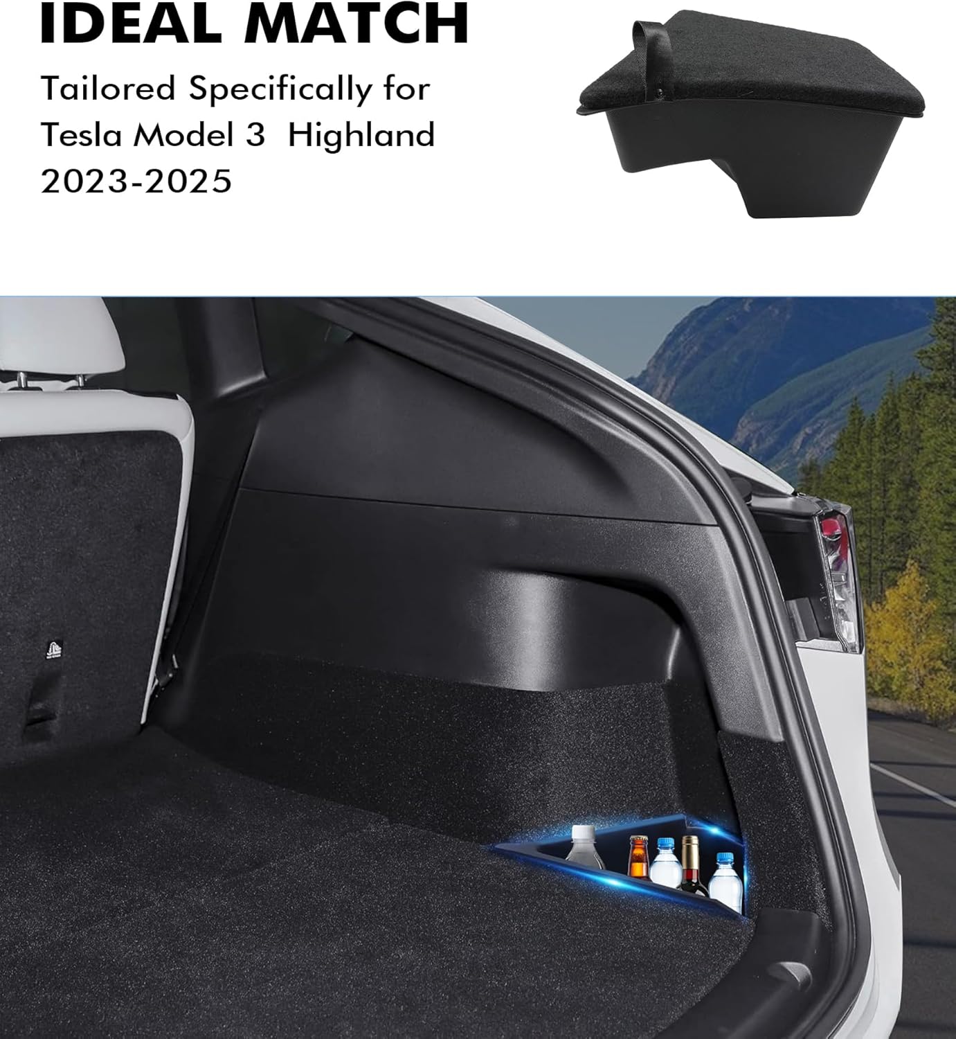 PM Auto Trunk Storage Bins with Cover for 2023-2025 Tesla Model 3 Highland, Set of 2, TPE Durable Rear Trunk Organizer, Easy Install, All-Weather Storage