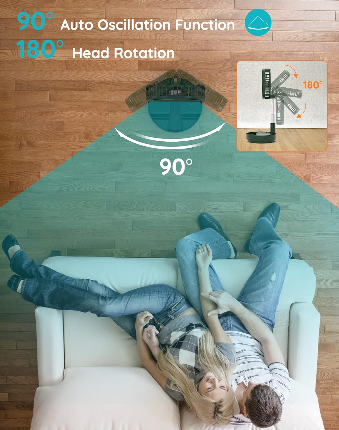 An overhead view showing the Primevolve fan's 90-degree auto oscillation function, indicated by a green shaded area. An inset image shows the fan head's 180-degree manual rotation capability.