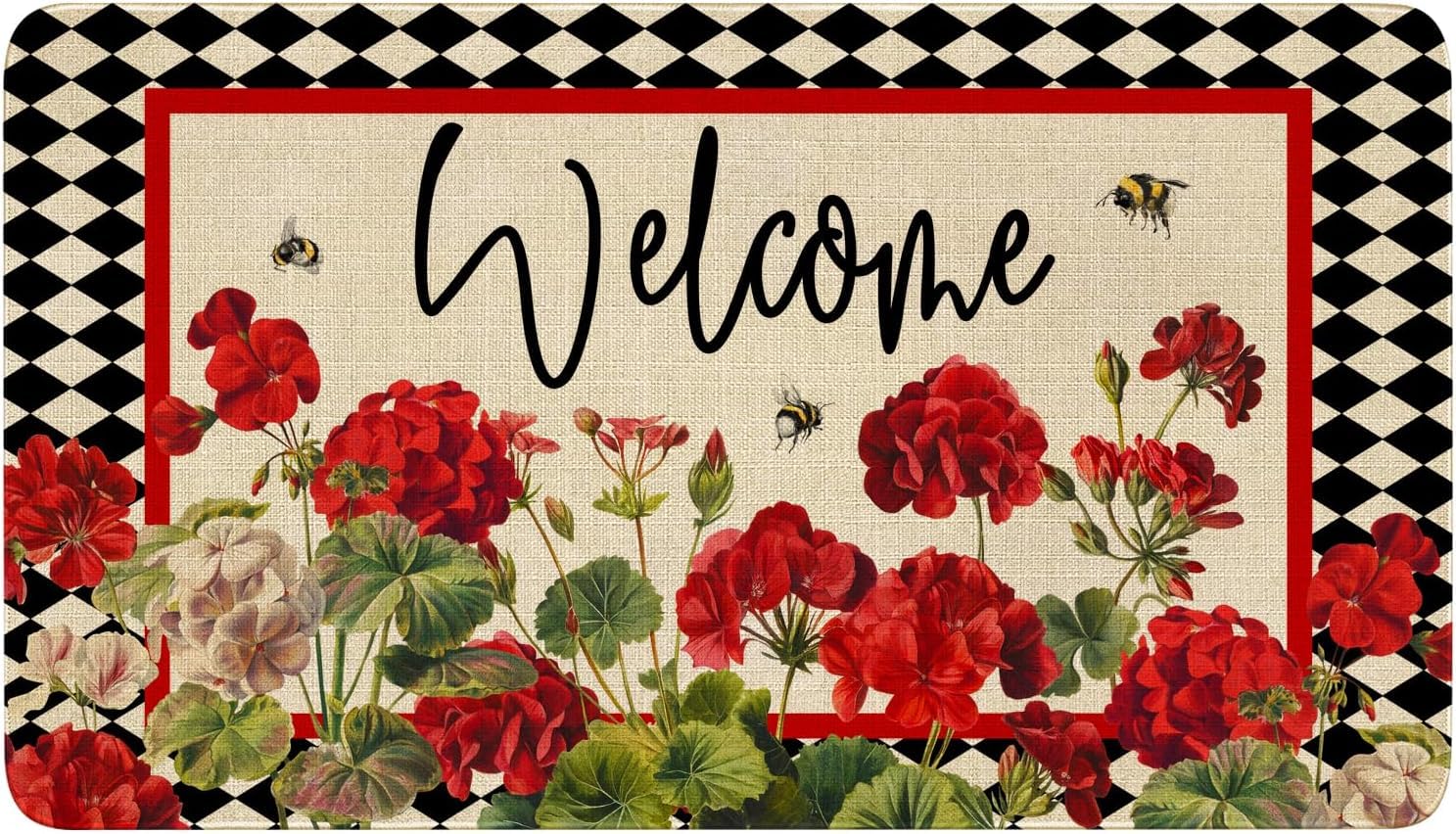 tbbvhd Funny Doormat Spring Summer Geranium Bee Red Floral Buffalo Plaid Outdoor Entrance Home Welcome Mat Balcony Patio Cute Mat 18x30 Inch