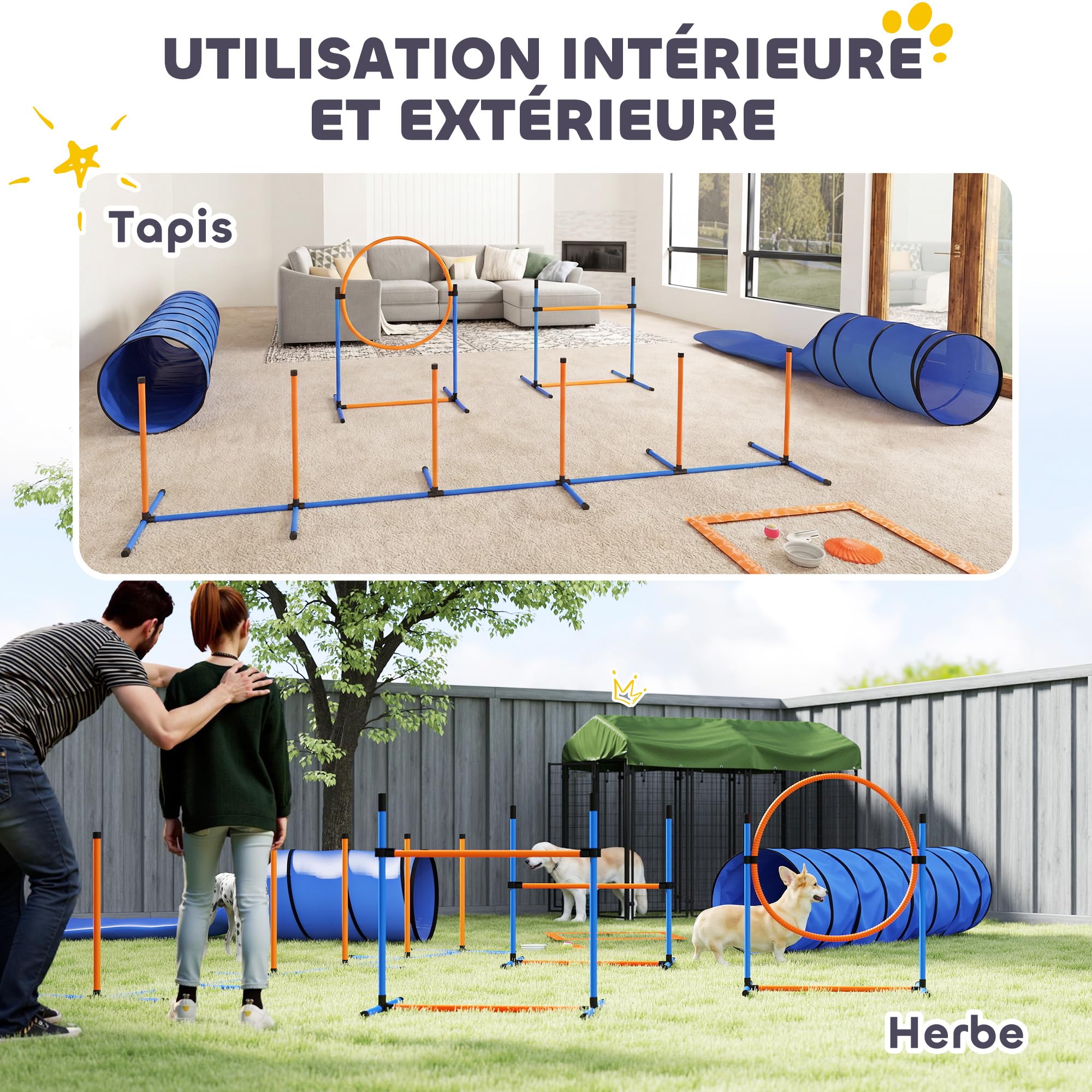 PawHut - Ensemble d'Agilité pour Chien 11 Pièces avec 2 Tunnels, Sauts Ajustables, Anneau, Piquets, Zone de Pause, Sac pour Friandises, Parcours d'Obstacle Intérieur et Extérieur avec Sac de Transport