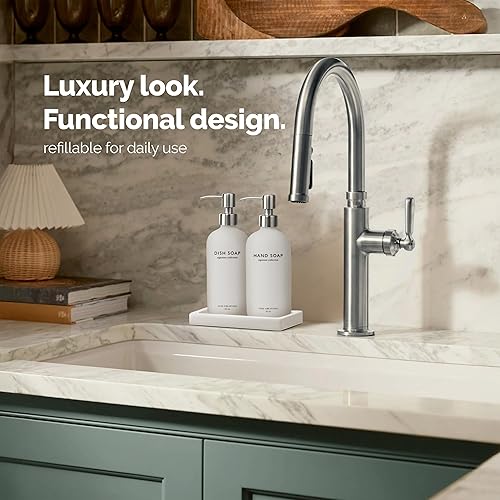 Miniatura 3 de Vine Creations Juego de dispensador de jabón de vidrio, dispensador de jabón de cocina con bandeja de cerámica, dispensador de jabón para platos de