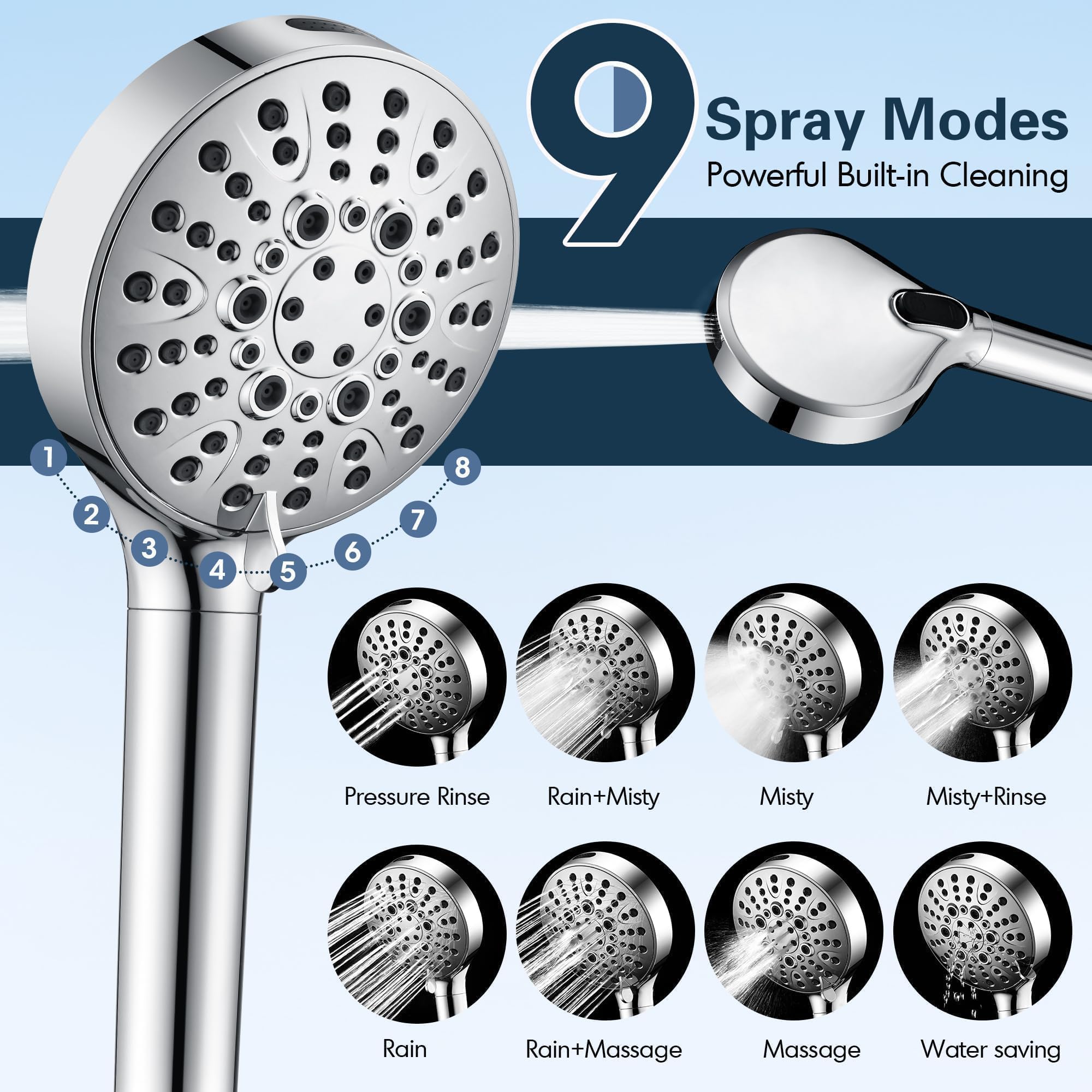 BRIGHT SHOWERS Alcachofa de ducha filtrada de mano, cabezal de ducha de alta presión con 9 modos de pulverización con manguera larga y soporte, filtro suavizante de agua para agua dura, elimina el