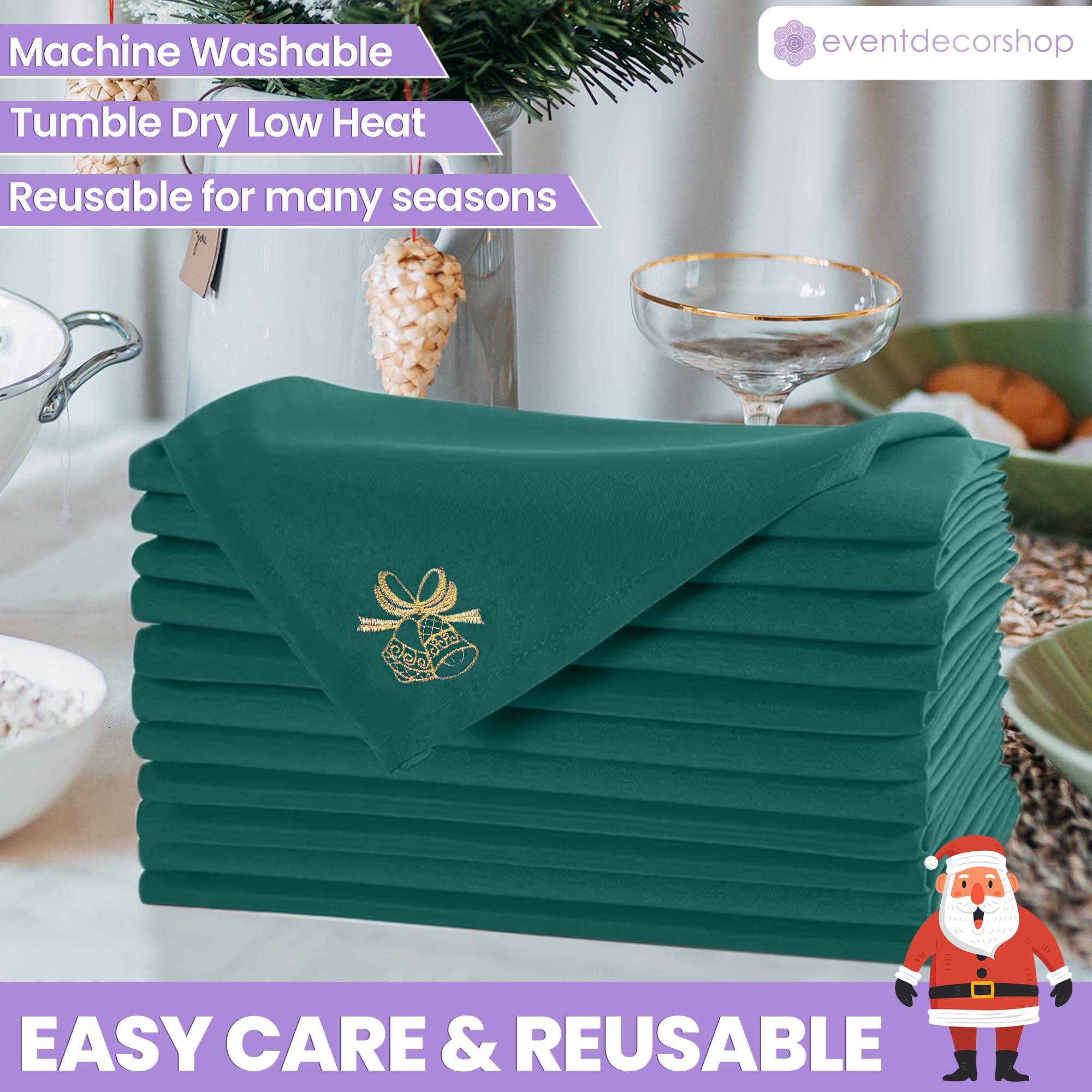 Lot de 20 serviettes de table de Noël réutilisables 100 % polyester filé avec broderie Jingle Clochette, résistante aux taches, lavable en machine (50,8 x 50,8 cm)