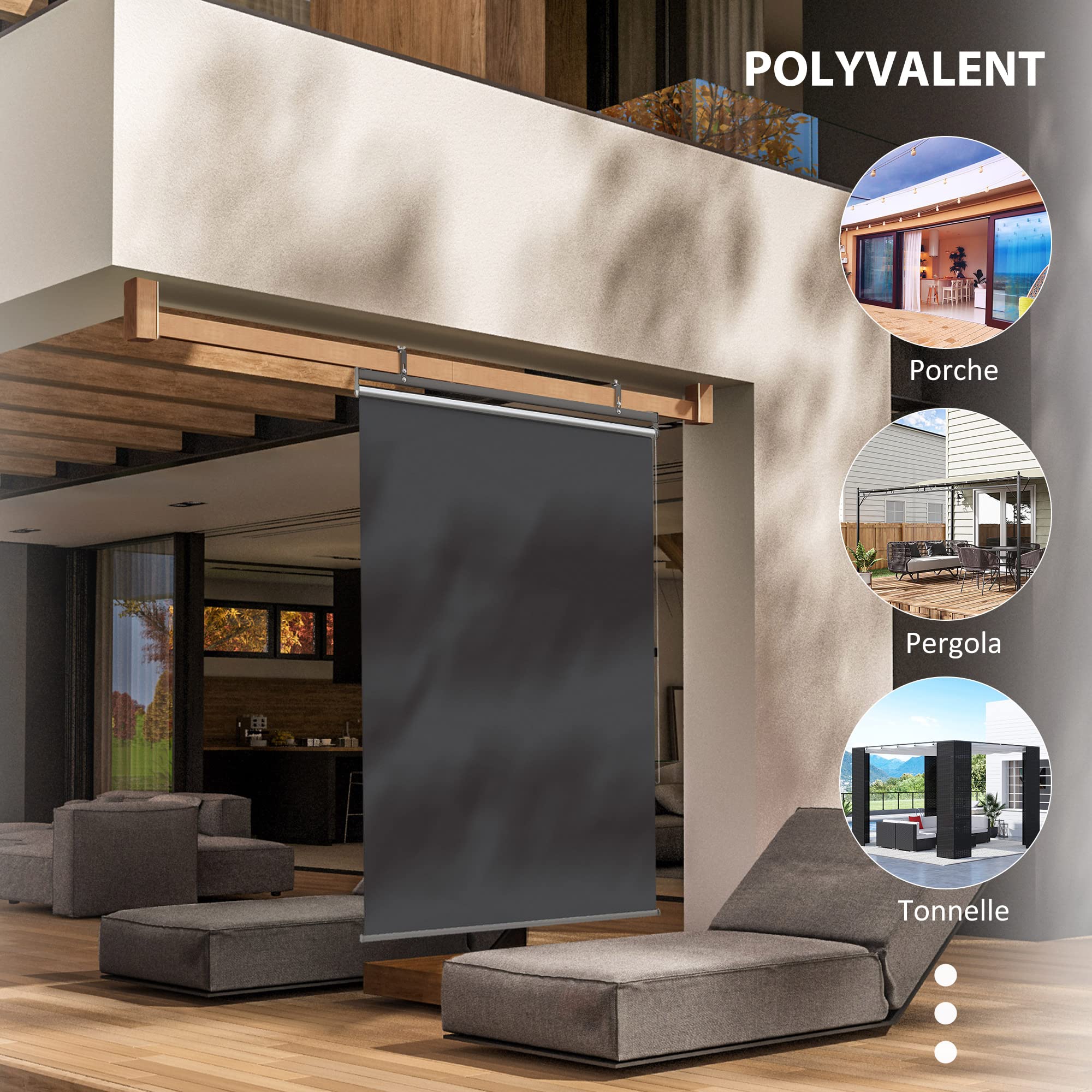 Outsunny Store Extérieur Vertical Rétractable 124L x 222H cm Gris Foncé | Manuel, Store Pare-Soleil Enroulable, Installation sans Perçage, Alu., Polyester Haute Densité