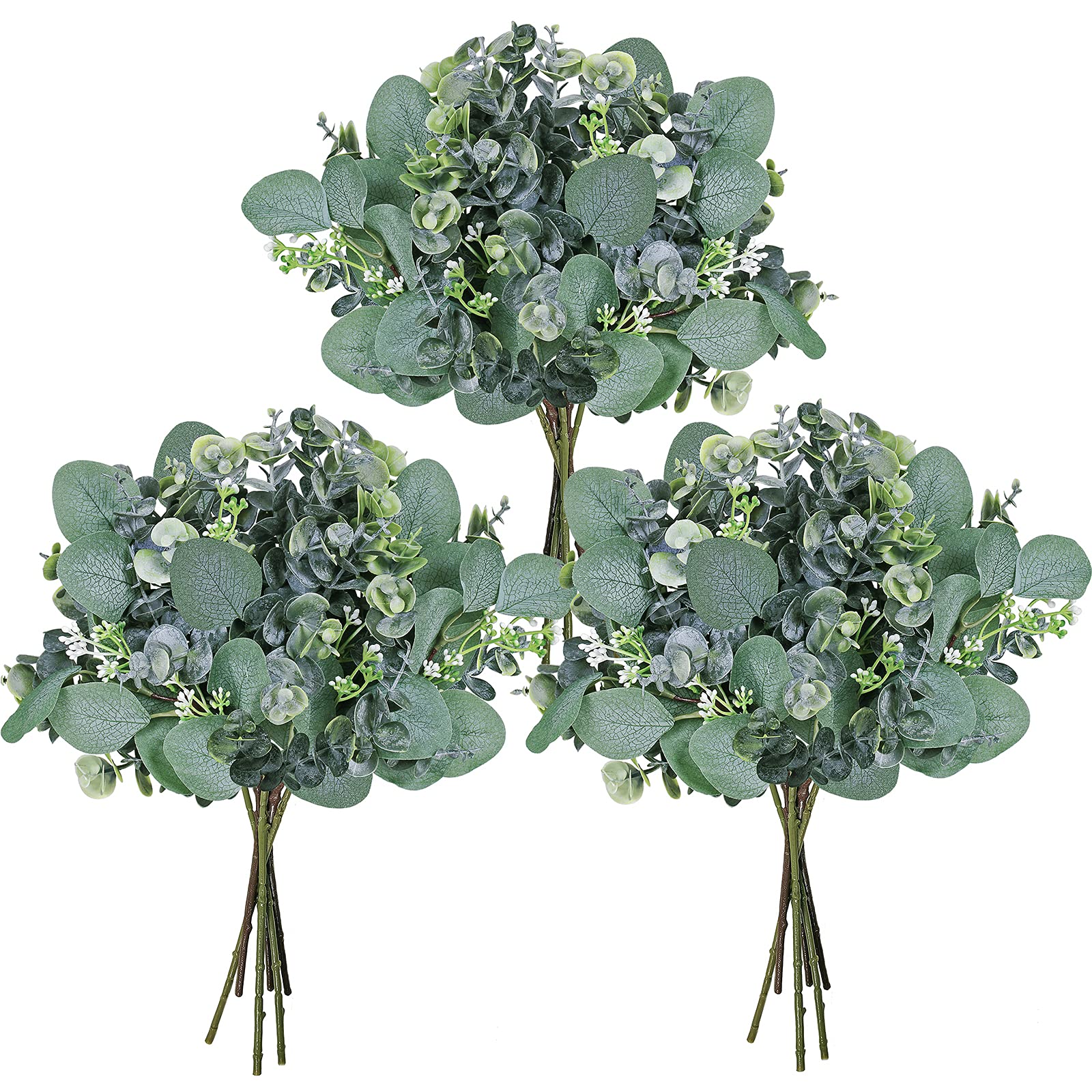 Winlyn 18 Pcs Mixed Artificial Grey Green Eucalyptus Leaves with White Seeds Stems Bulk for Vase Bouquets Garland Wreath Floral Arrangement Christmas Holiday Wedding Seasonal Greenery Decoration