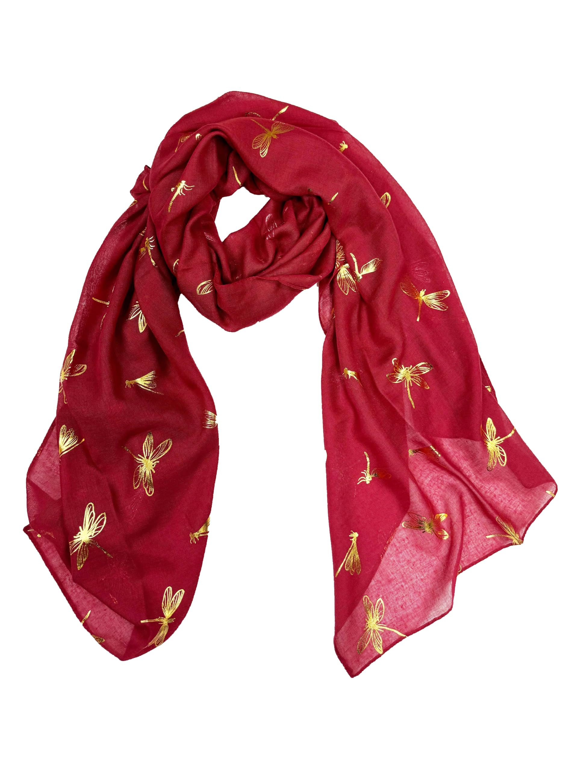 Zac's Alter Ego Women's Burgundy Scarf With Gold Foil Metallic Glitter Dragonfly Print
