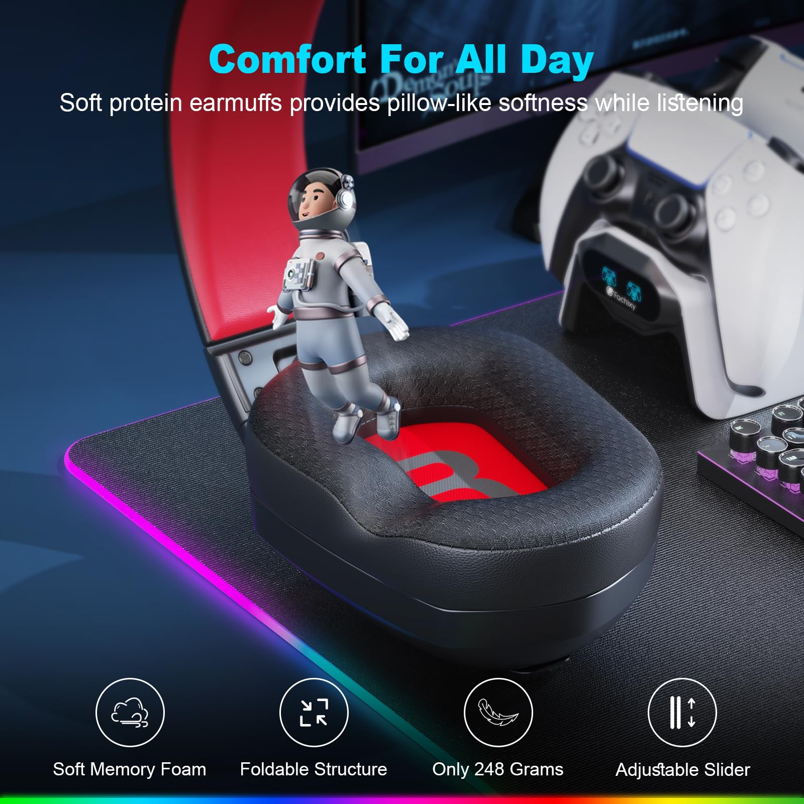 Fachixy FC300 Cuffie Gaming Wireless Per PC, PS5, PS4, Mac - 2,4 GHz e Bluetooth senza perdite - 50 ore di batteria, driver da 50 mm, luci RGB, audio spaziale, Nero-Rosso