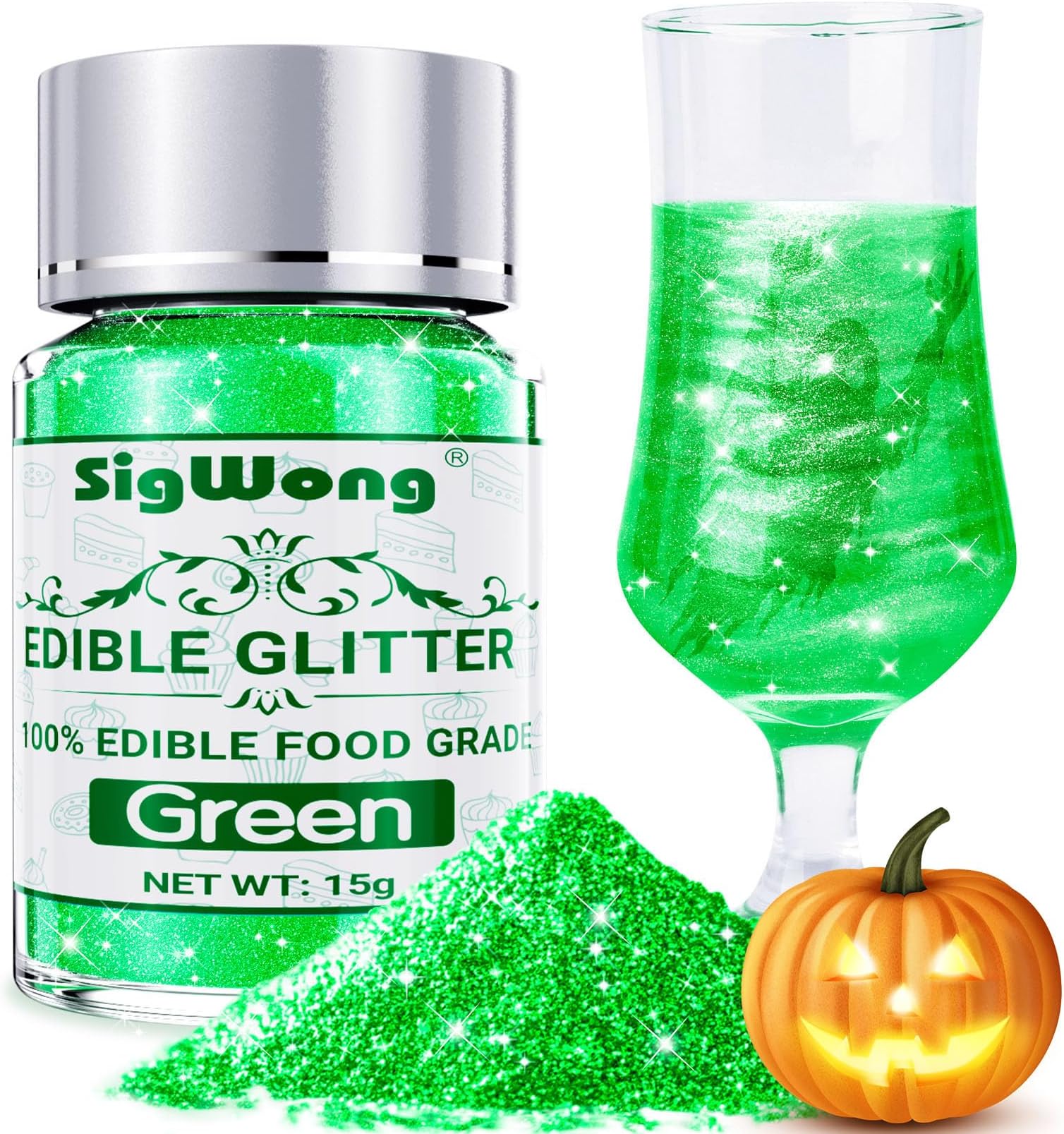 Green Edible Glitter - 15g Food Grade Luster Dust Powder, Cake Decorating Sprinkle Glimmery Dust for Drinks, Wine, Fondant, Chocolate, Candy, Cookie, Vegan