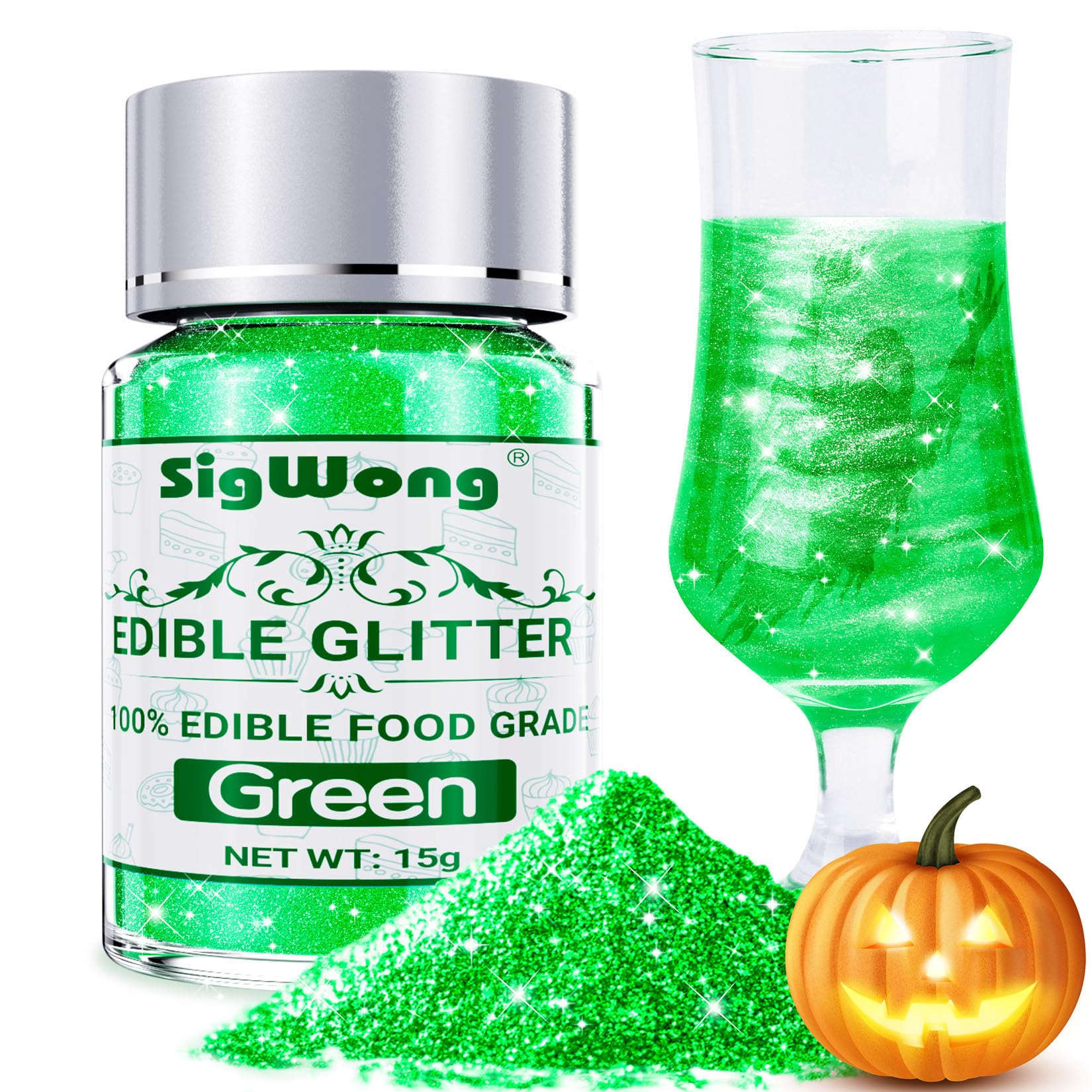 Green Edible Glitter - 15g Food Grade Luster Dust Powder, Cake Decorating Sprinkle Glimmery Dust for Drinks, Wine, Fondant, Chocolate, Candy, Cookie, Vegan