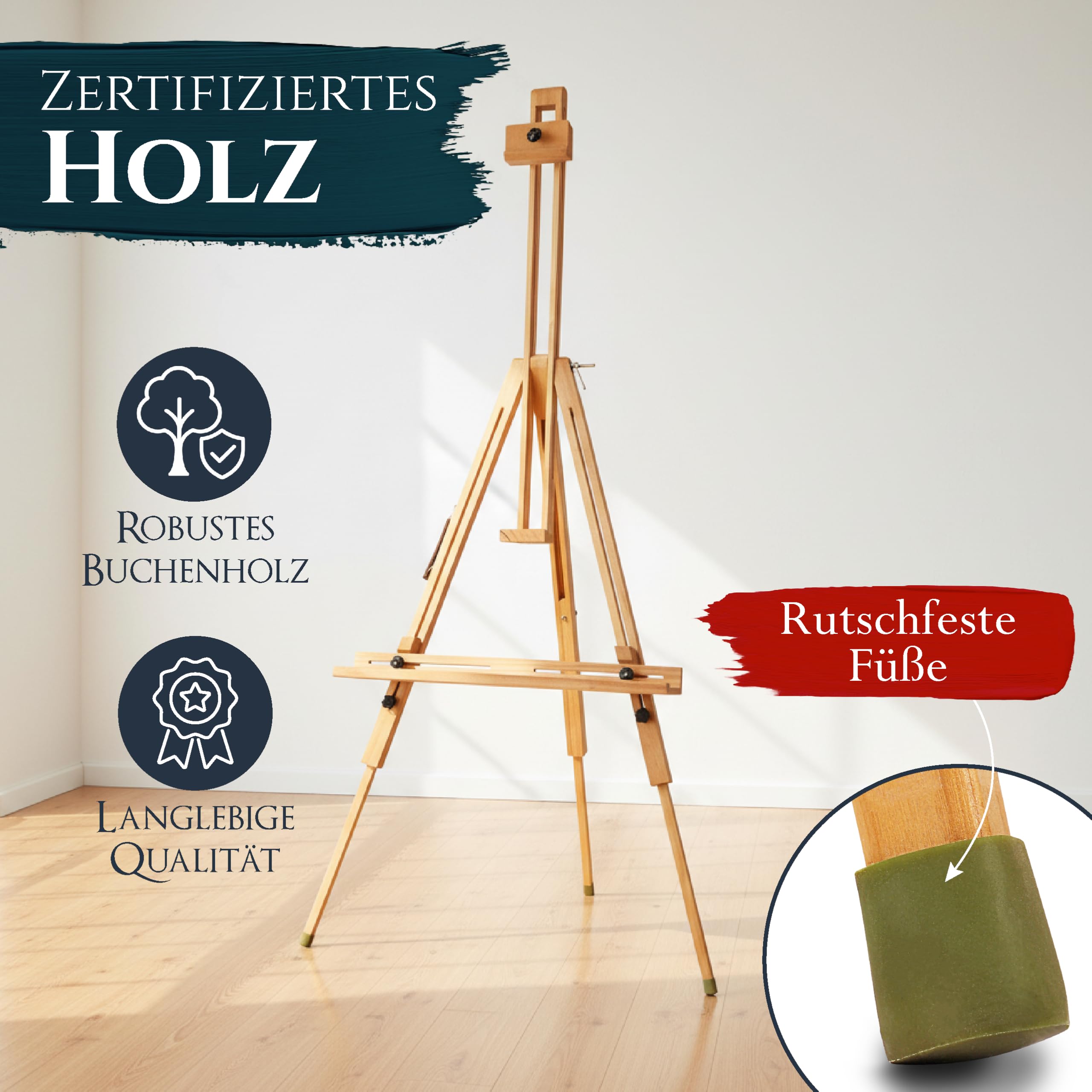Artina leichte Staffelei aus Buchenholz - Tragbare Staffelei Neigungswinkel einstellbar - rutschfeste Gummifüße Feldstaffelei Keilrahmen bis 80cm - Malstaffelei geöltes massives Buchenholz St. Tropez