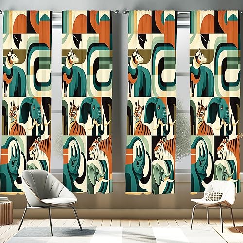 Miniatura 50 de Ambesonne - Cortinas retro para ventana, estilo de los años sesenta y setenta, diseño simétrico repetido de forma redonda geométrica, juego de 2