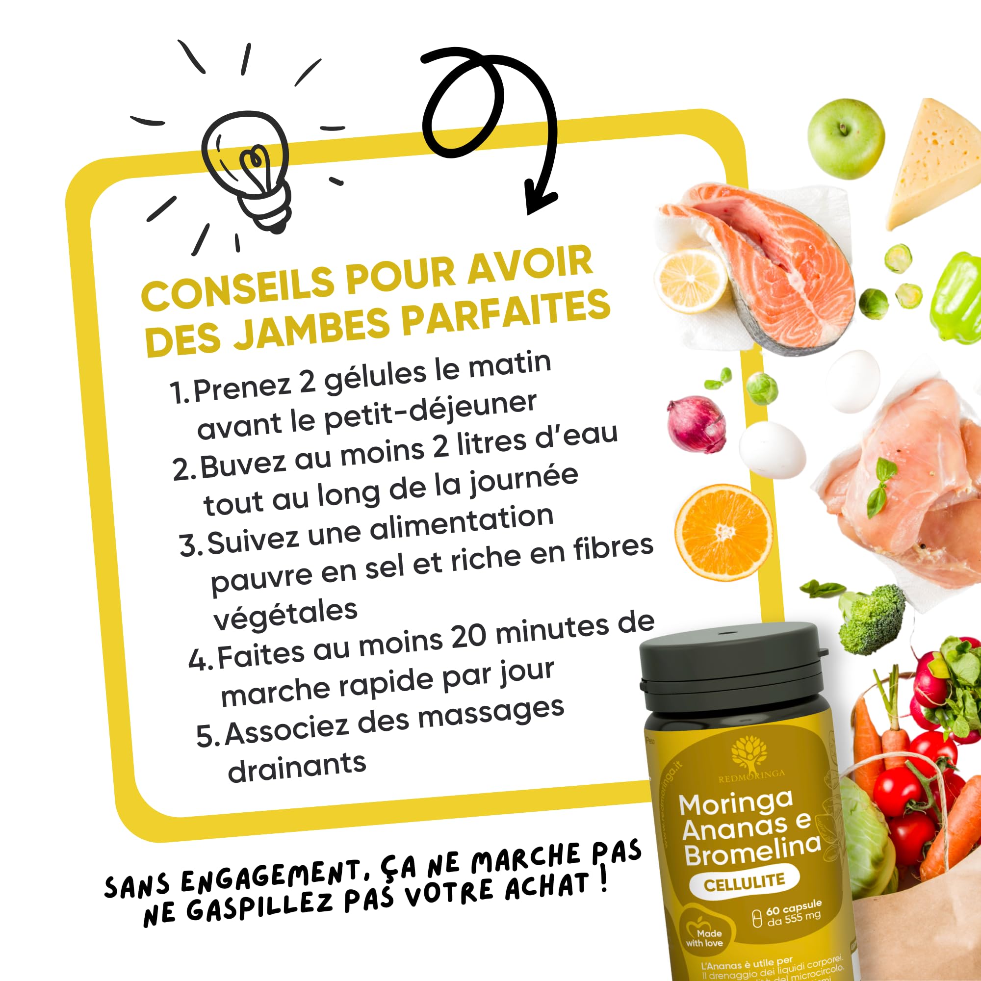 Anti Cellulite puissant avec Bromélaïne 5000 GDU | Complément Drainant 100% Naturel - Contraste les Imperfections de la Cellulite et Rétention d'Eau - Ananas et Moringa BIO RedMoringa (60 Gélules)