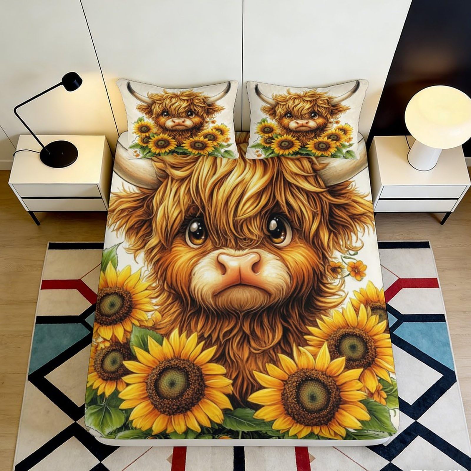3D Printed Sunflower Highland Cow Fitted Sheet Microfiber Soft Bed Cover for Bedroom Dorm Mattress Protection Decor 90x200x25cm