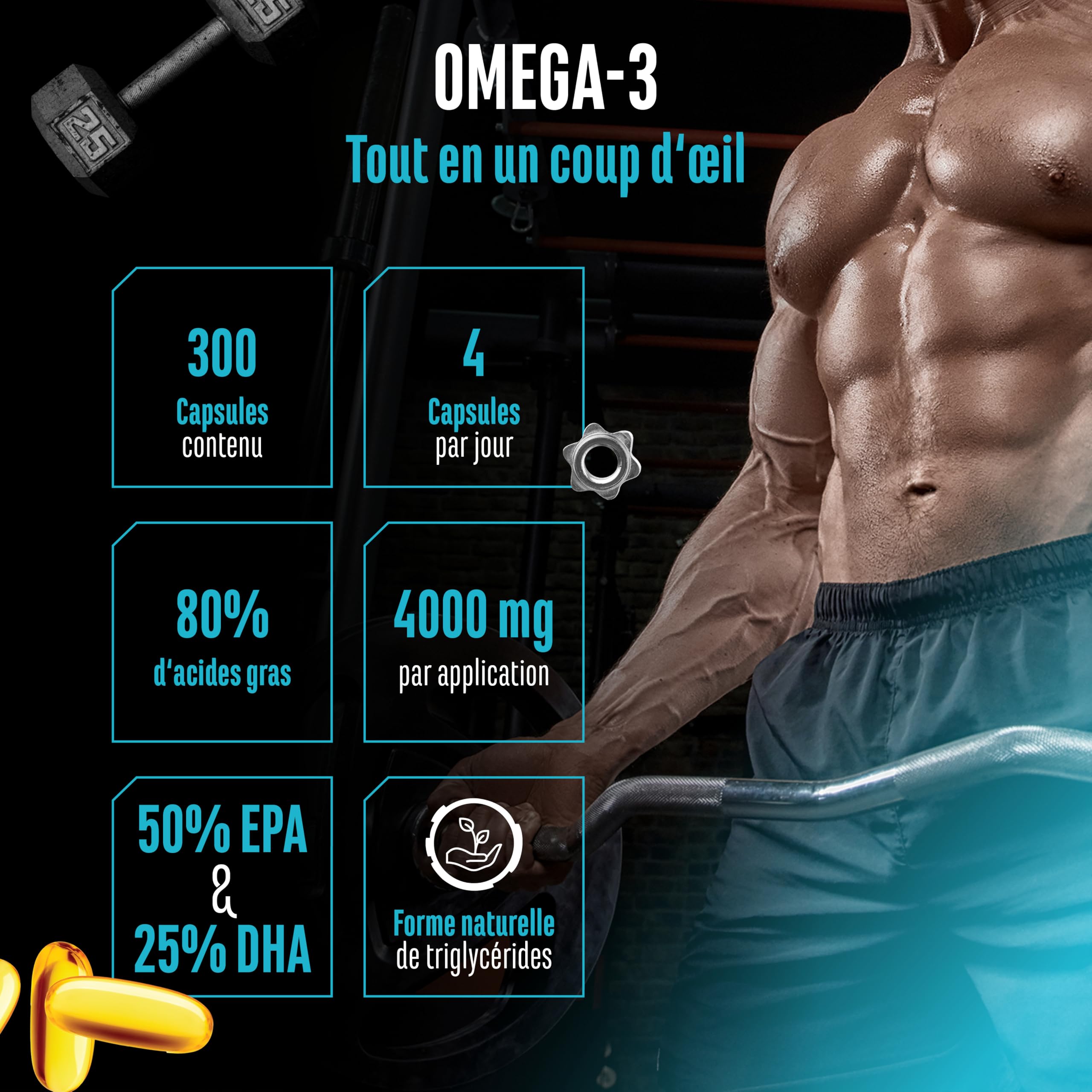 Omega 3 hautement dosé avec 4000mg - 300 gélules - Huile de poisson avec 80% d'acides gras dont 2000mg EPA & 1000mg DHA - Forme naturelle de triglycérides - Purifié avec soin