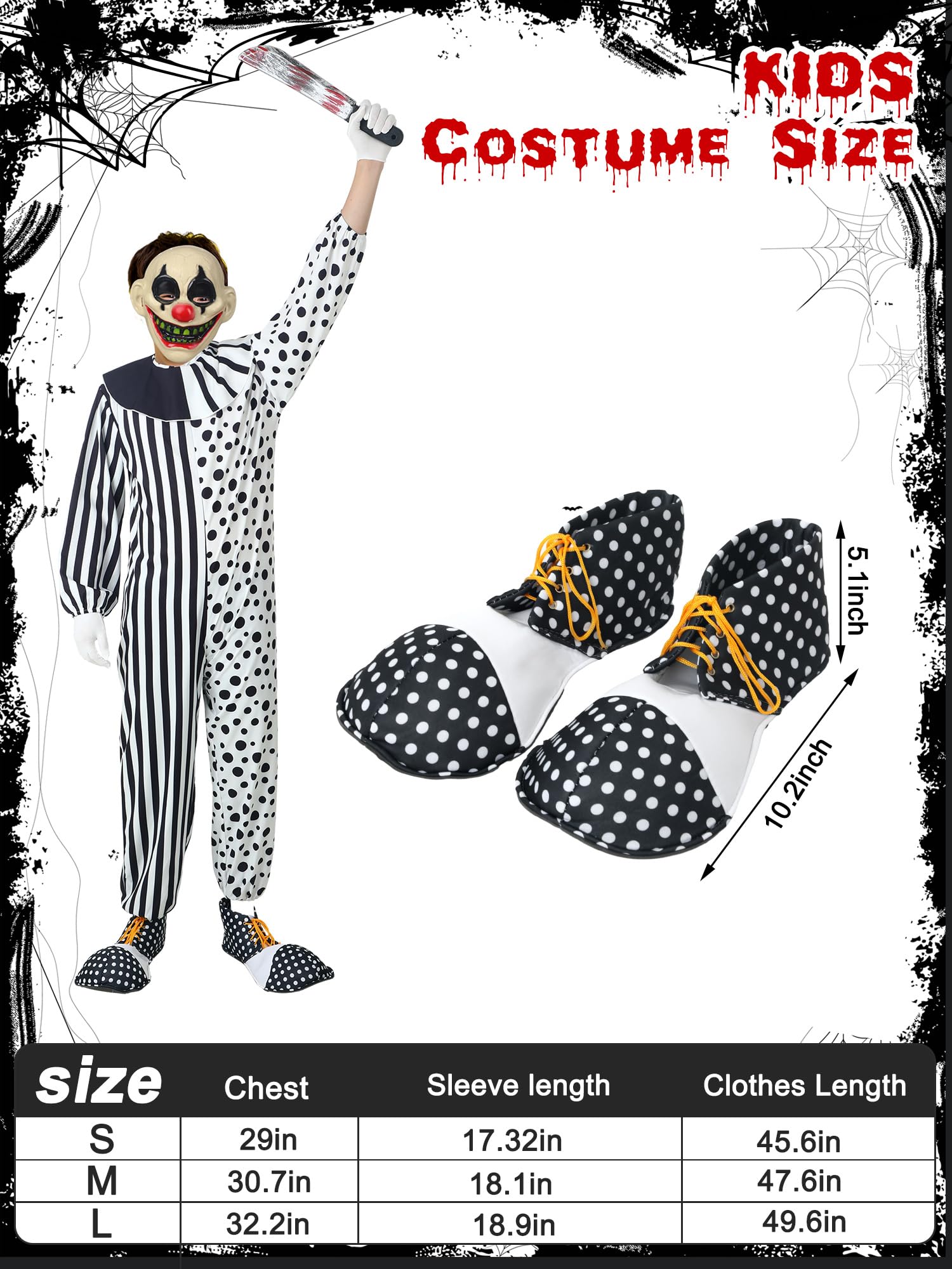 Ramede 5 Pcs Scary Killer Clown Costume Set with Gloves Halloween Creepy Clown Mask Black and White Clown Shoes Plastic Knife (Adult Medium)