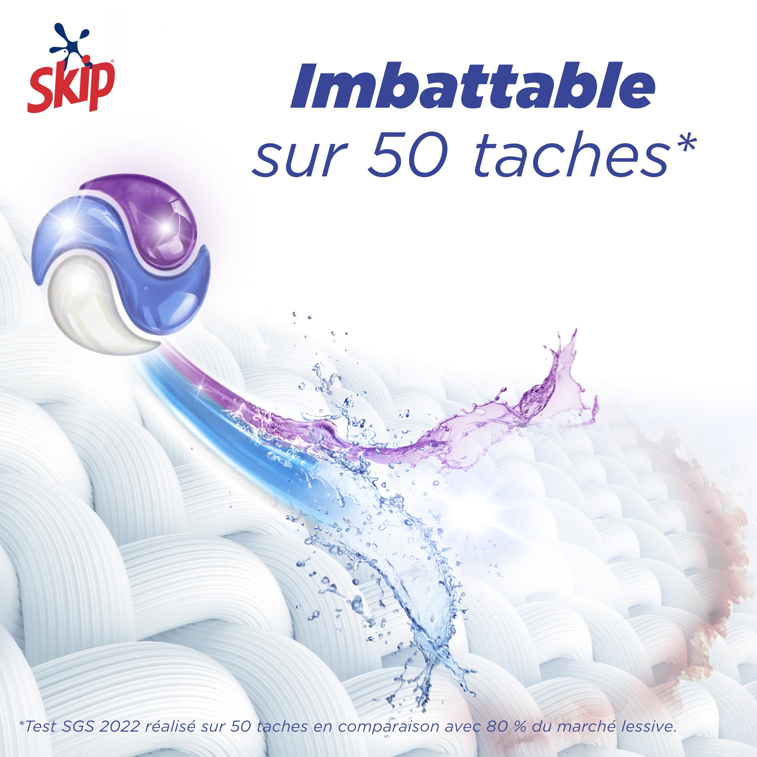 Skip Capsules Lessive Tout en 1 Extra Détachant, 72 Lavages | Élimine 50 taches tenaces, efficace en cycle court et à froid, formule concentrée pour un linge propre