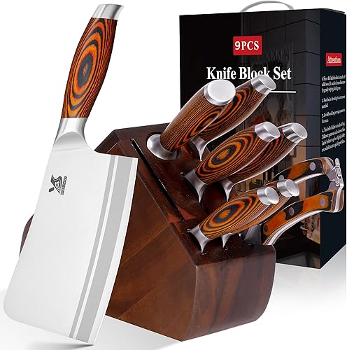 MSY BIGSUNNY - Juego de 9 piezas de cuchillos de cocina con bloque, juego de cuchillos de acero alemán con picador de huesos, mango de madera de
