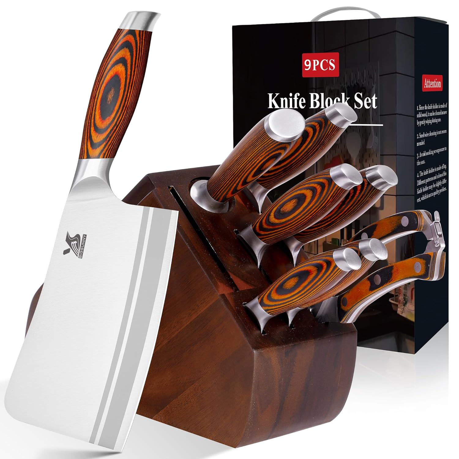 MSY BIGSUNNY 9pcs Knife Block Set German Steel Kitchen Knife Set with Bone Chopper Precious Pakkawood Handle for