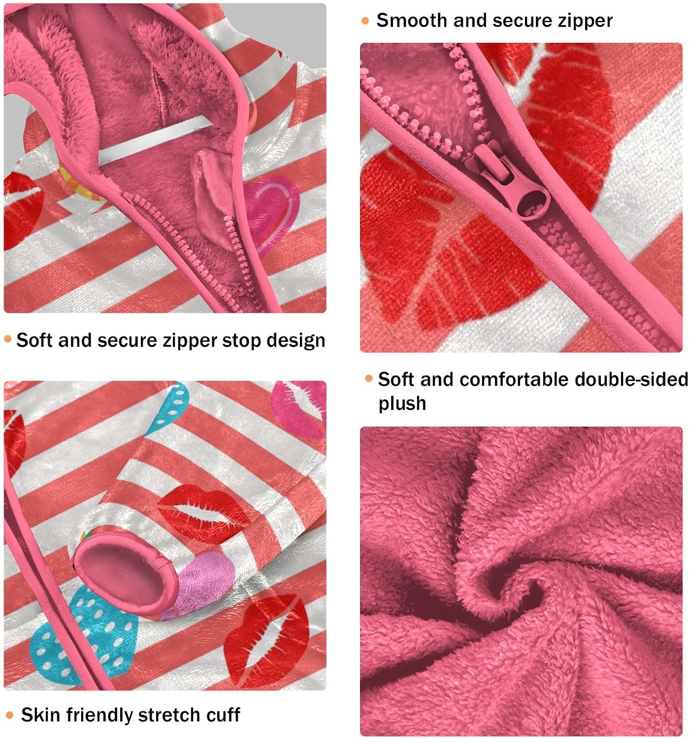 Red White Striped Heart Lip Summer Toddler Girl Fleece Jacket Outerwear Jackets & Coats Baby Girls Hoodie 3T