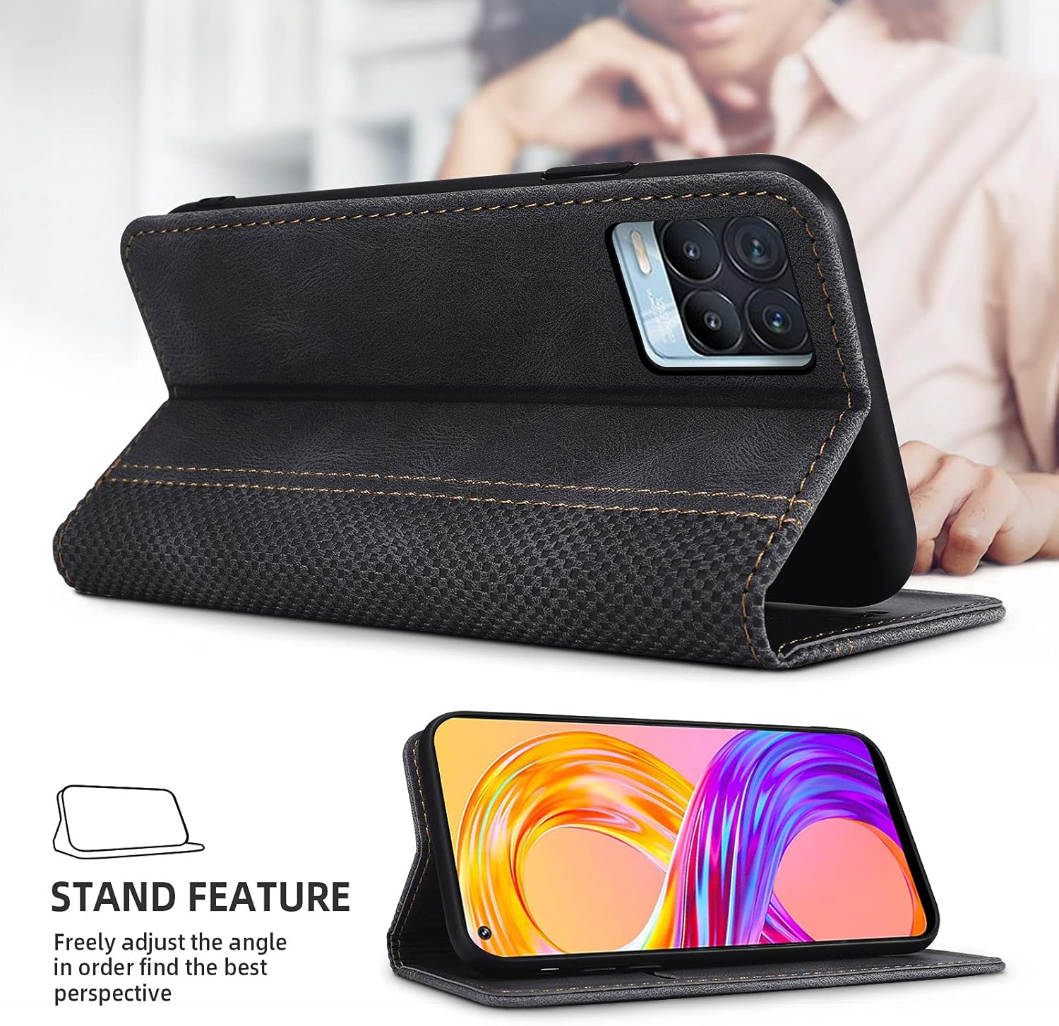 AKABEILA for Oppo Reno 8 5G Case Luxury PU Leather Flip Case Flip Folio Wallet Case Women Men Cover with Card Holder Magnetic Closure Kickstand Shockproof 6.43" Black
