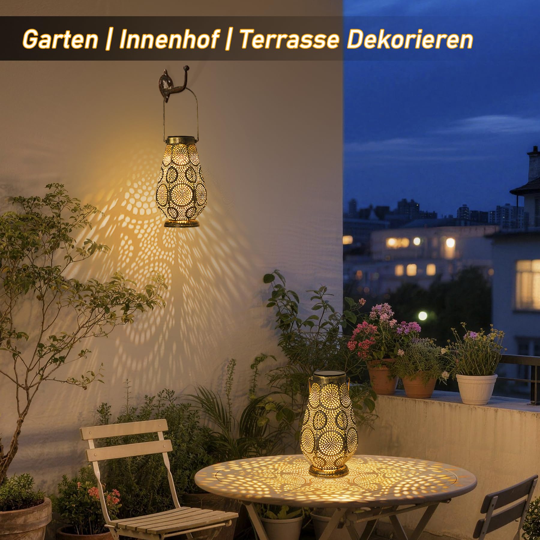 JOYCREATOR Lanterna solare per esterni, IP65, resistente alle intemperie, per esterni, da appendere, in metallo, per esterni, cortili, prati, giardini, regali di Natale per donne (bronzo/grande)