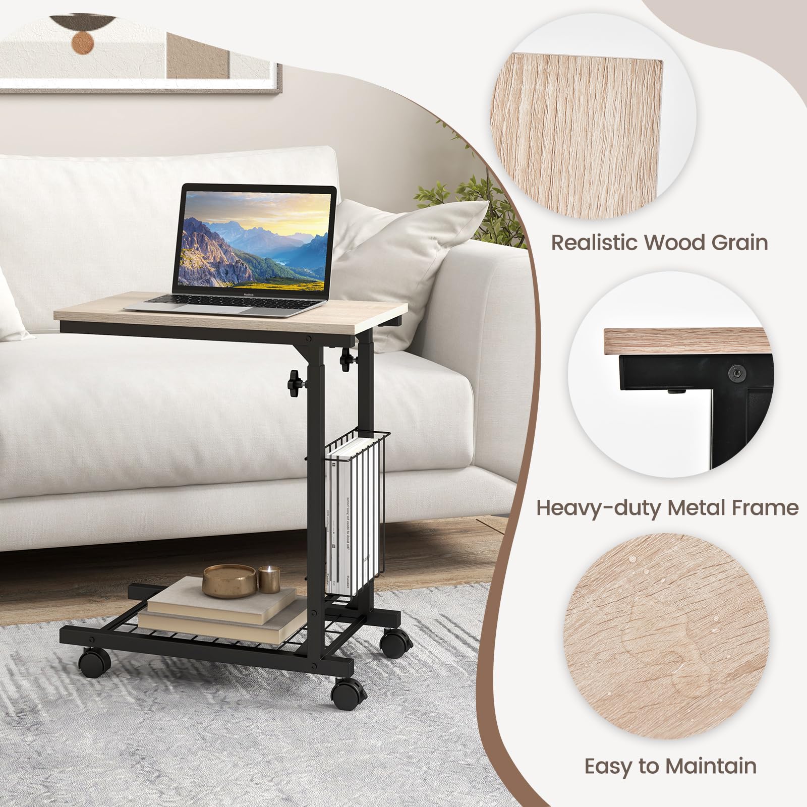 GIANTEX Mesa Auxiliar en Forma de C 50 x 30 cm con 4 Ruedas (2 con Freno), Altura Ajustable 58-80 cm, Cesto de Metal Lateral, Mesa Lateral para Dormitorio, Salón (Natural)