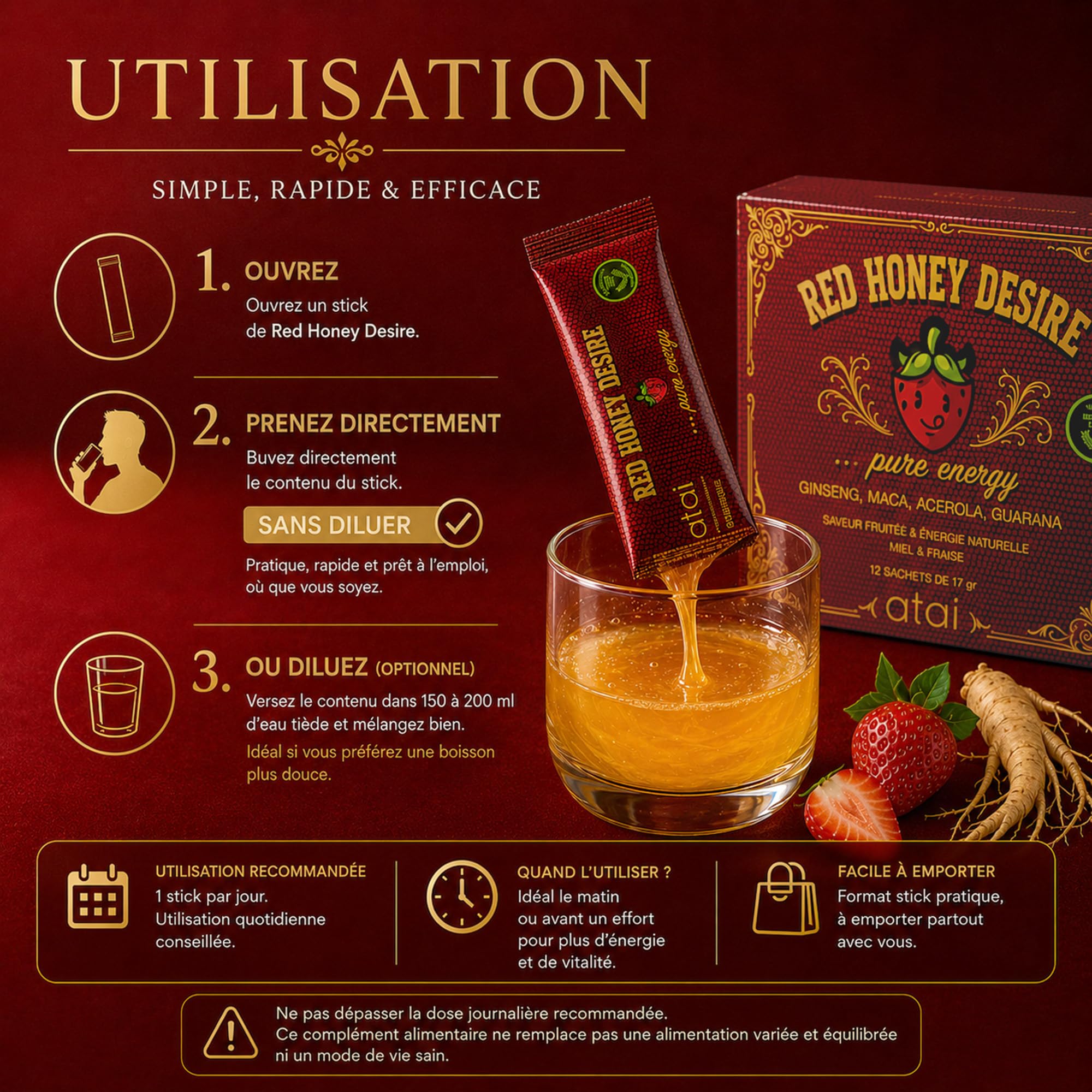 ATAI | RED HONEY DESIRE | TONUS MASCULIN | Miel Énergisant Homme | Ginseng Rouge Maca Guarana Gelée Royale Acérola | Énergie Naturelle & Vitalité | Saveur Miel Fraise | 12 Sachets de 17 g