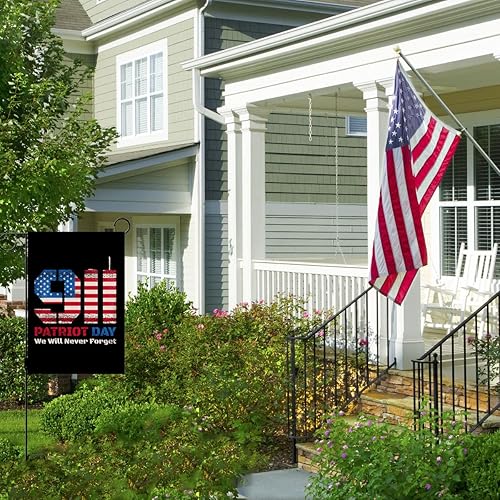 Miniatura 4 de Nepnuser Bandera de jardín del Día del Patriota con texto en inglés "We will Never Forget 911", decoración de bandera de doble cara para patio al
