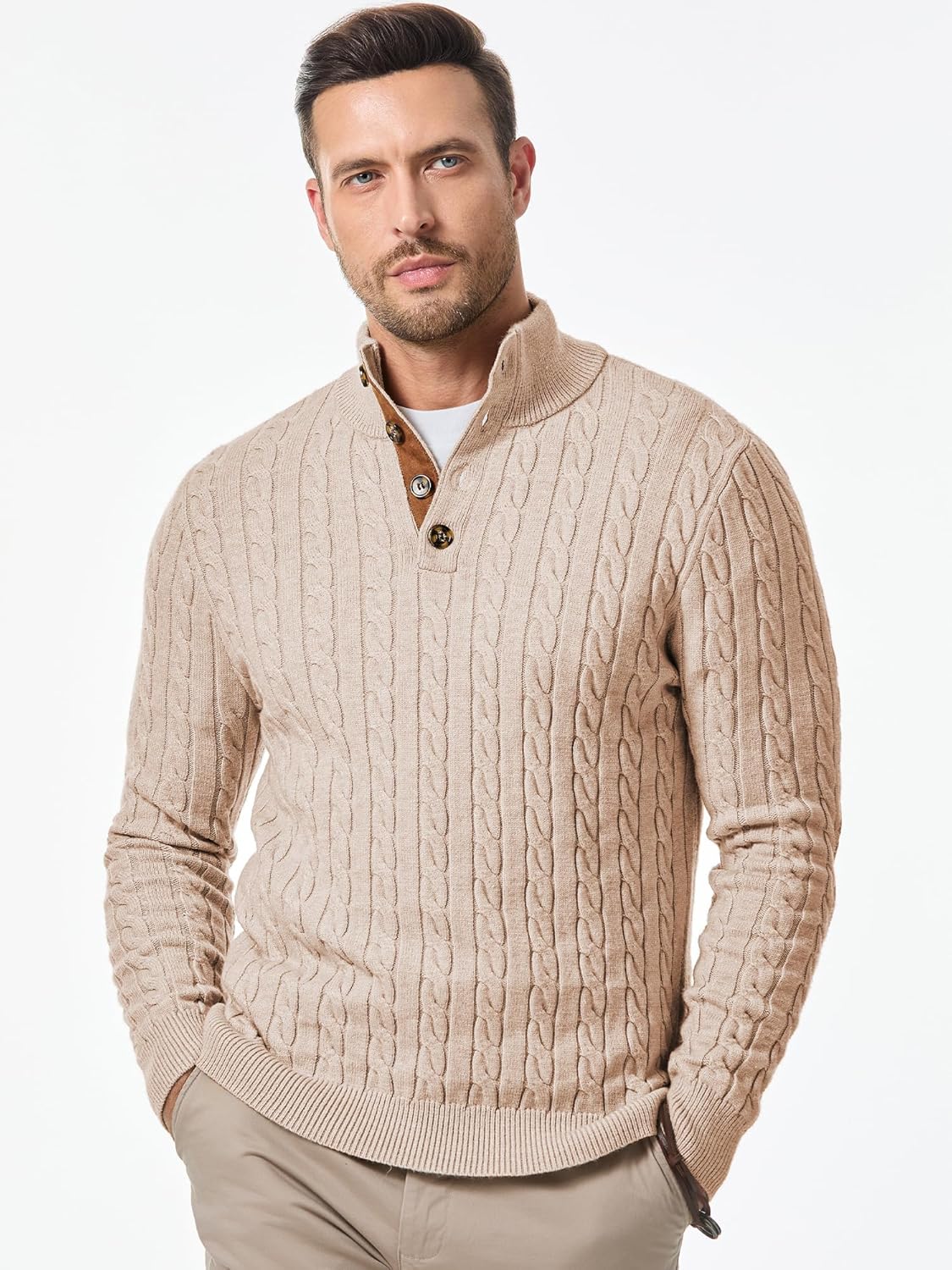 JMIERR Men's Cable Knit Pullover Sweater Casual Long Sleeve Stand Collar Button Knitted Sweaters - Image 2