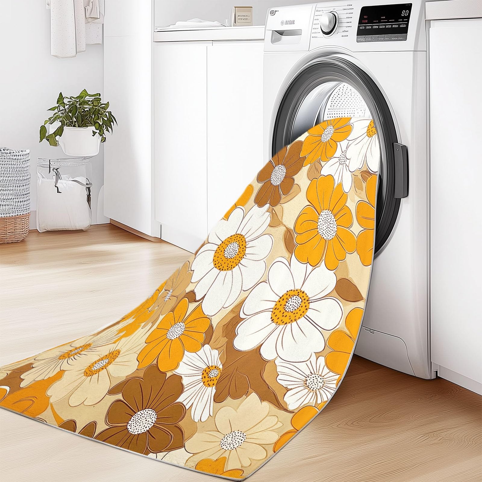Tapis Couloir Long Moderne Motif Fleurs De Mode Vintage, Orange Blanc Tapis de Passage À Poil Court Doux, Tapis de Couloir, Antidérapant Et Lavable, Tapis Salon Chambre Adulte 80 x 150 cm