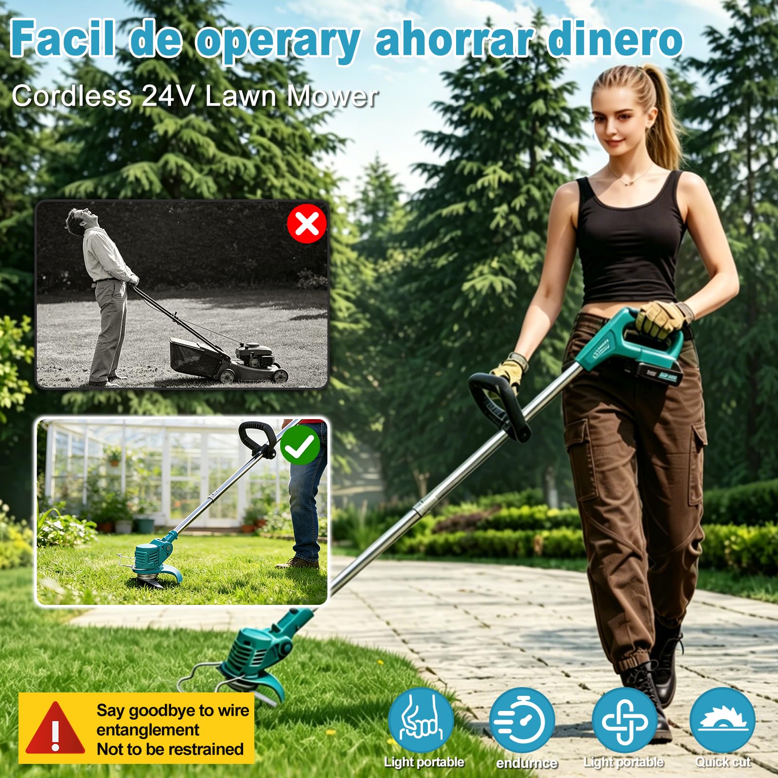 Cortacésped inalámbrico con batería, con 2 baterías de 3,0 Ah y cargador, recortadora de jardín ajustable y desmontable para jardín, césped y setos, incluye 10 cuchillos y accesorios
