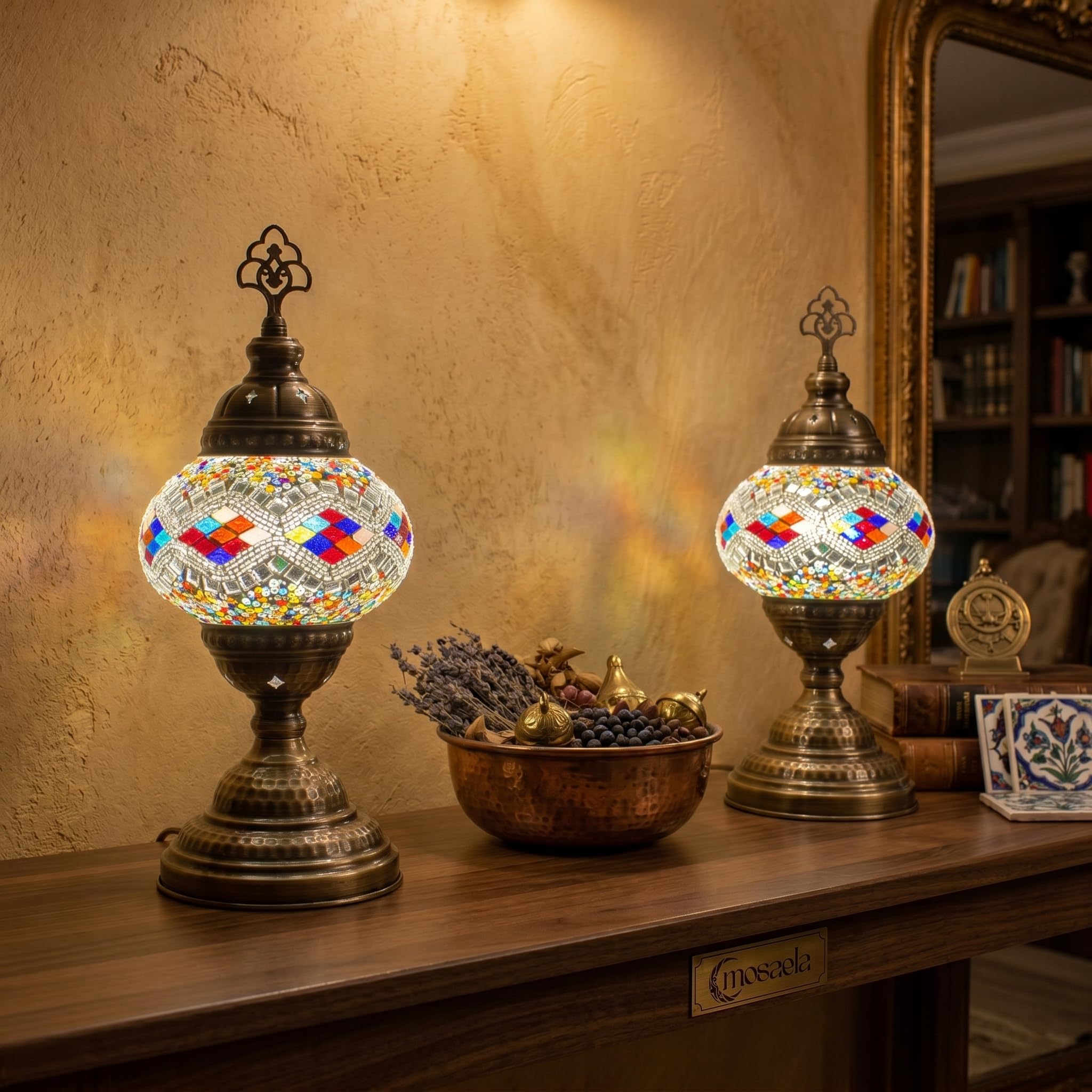 2X Turkish Moroccan Mosaic Table Lamp Stained Glass Bedside Light with 3 Color Options LED Bulb (Rainbow)