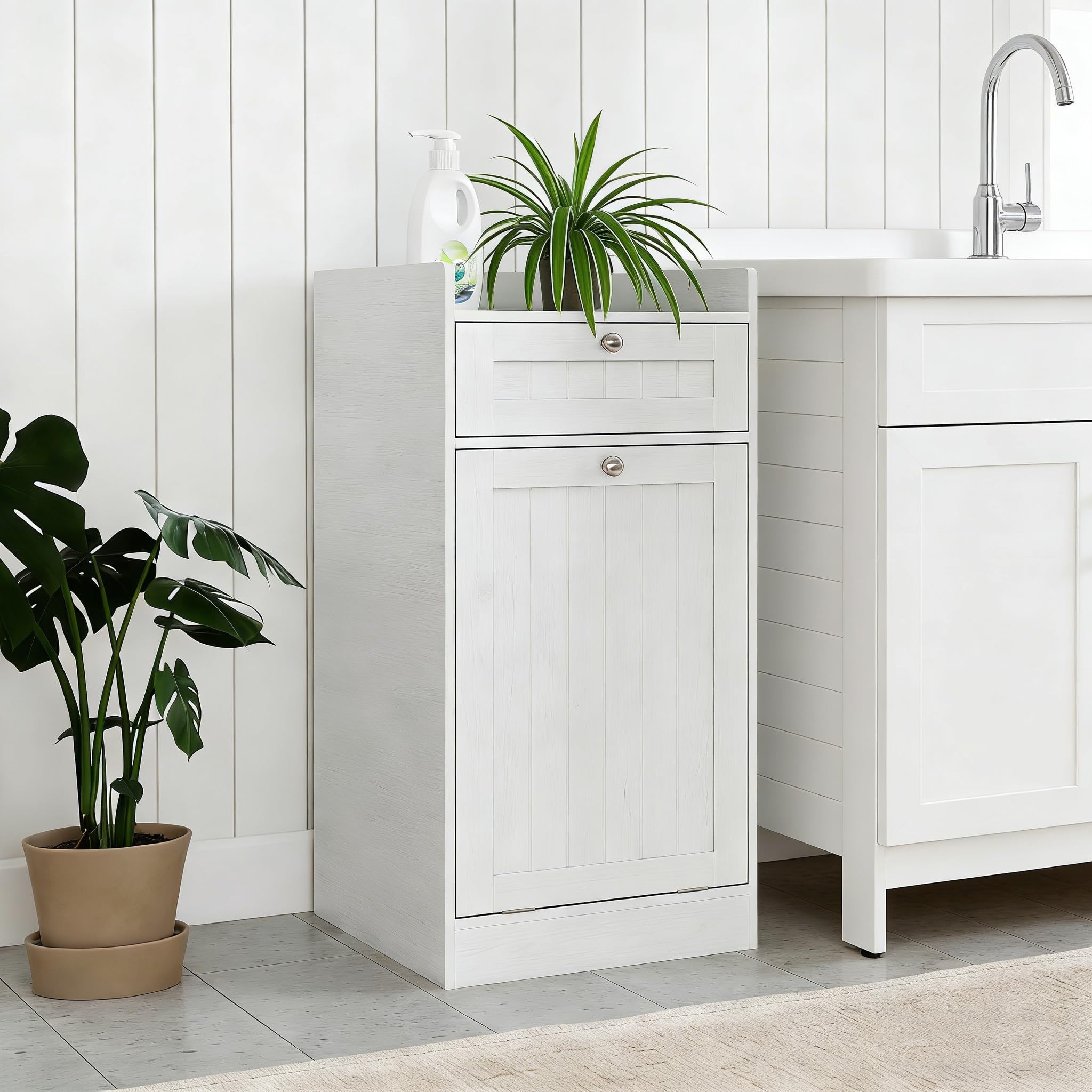 LIFEZEAL Cesto Biancheria Sporca a 1 Scomparto, Bianco, con Sacco Rimovibile, Cassetto, Piano Portaoggetti, Mobile Portabiancheria, Cestino Estraibile, per Lavanderia, Bagno, 40,5x40x80cm