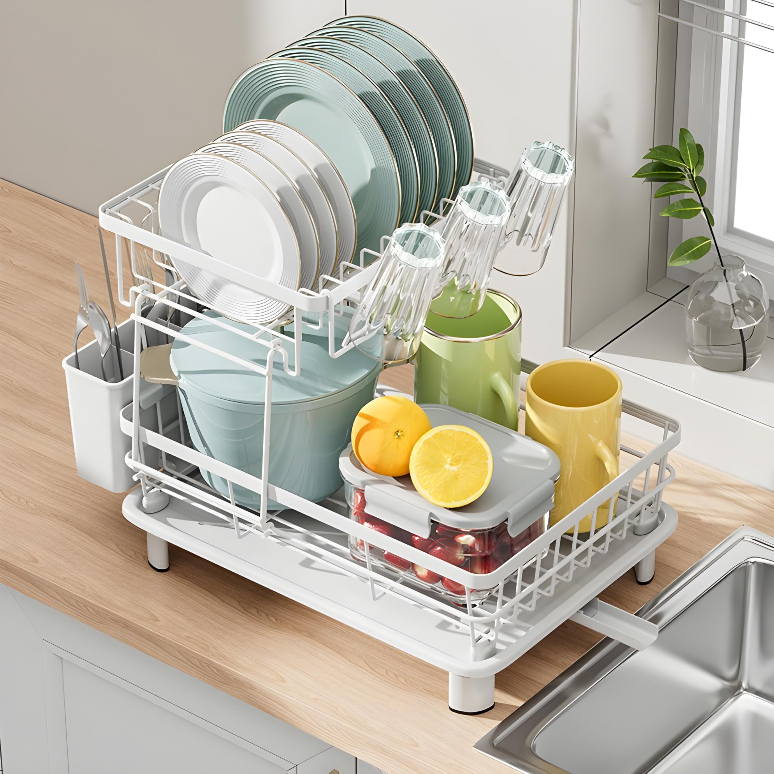 JUPPLIES Escurreplatos Acero Inoxidable 2 Niveles - Soporte para Utensilios, Portavasos y Estante de Gran Capacidad - Escurridor de Platos para Fregadero con Drenaje Automático - 33x43x33cm - Blanco