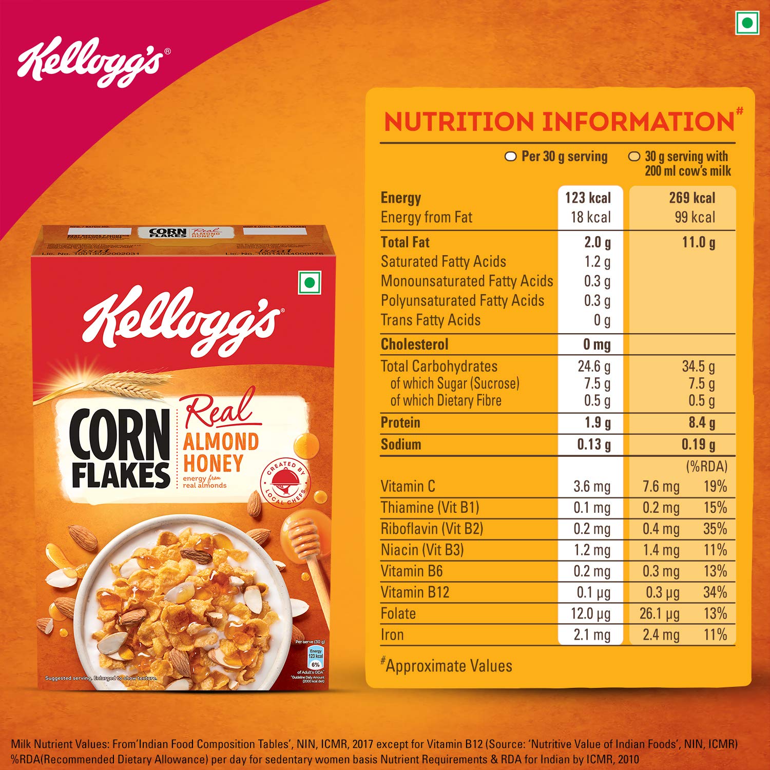Kellogg's Corn Flakes Real Almond Honey , Breakfast Cereals , High in