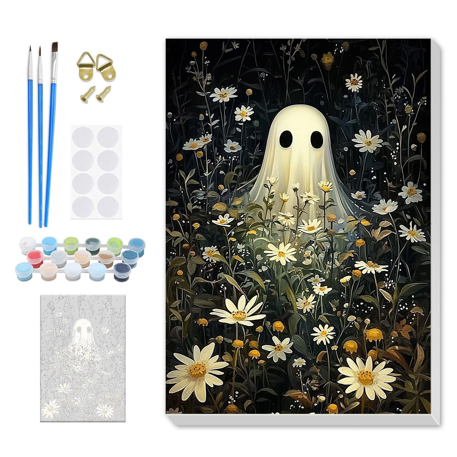 DOMROM Ghost Paint by Numbers for Adults Beginners Framed, Halloween Flower Adults' Paint-by-Number Kits, Adult Paint by Number Kits on Canvas, Acrylic Number Painting for Home Decor, 8x12in