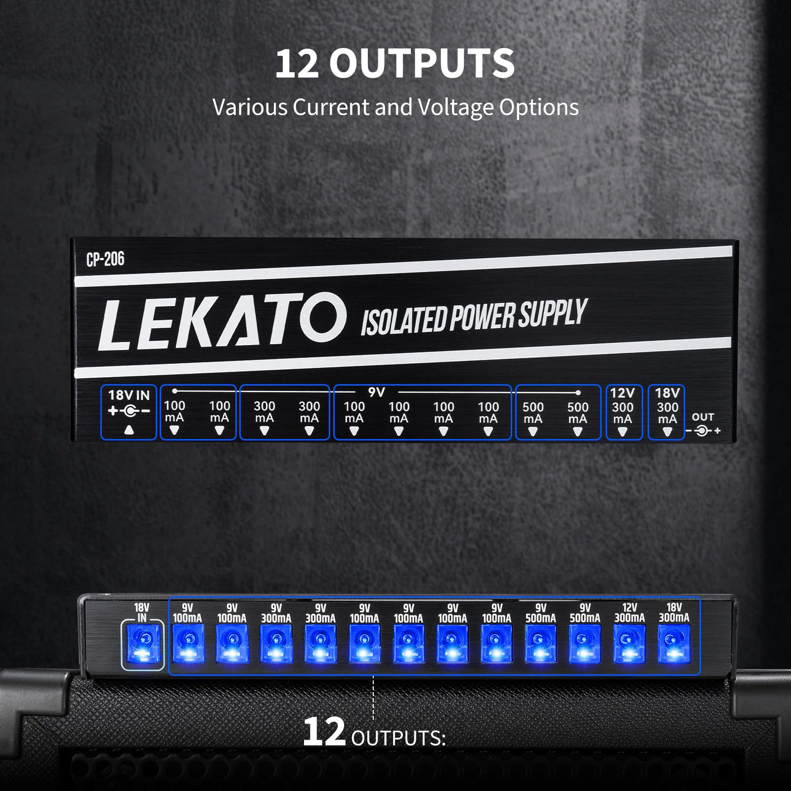 LEKATO Alimentatore per Chitarra, 12 Uscite CC Isolate per 9 V/12 V/18 V, 100 mA 300 mA 500 mA Alimentatore per Effetti a Pedale con Protezione da Corto Circuito per la Ricarica di Strumenti Musicali