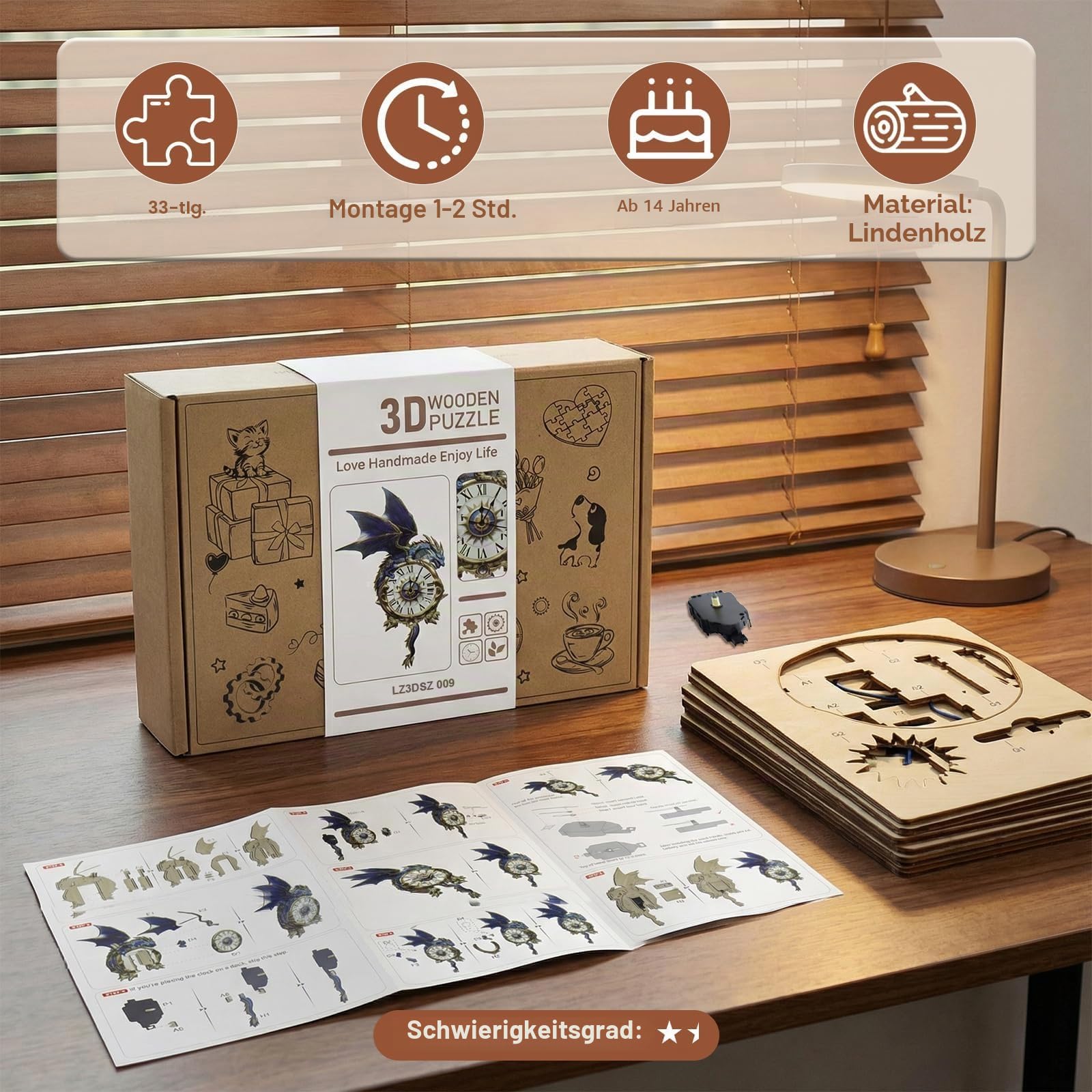3D Holz Drachen Uhr Puzzle für Erwachsene - Mechanisches Modellbausatz mit Pendel & Glockenspiel, DIY Wanduhr für Home Office Decor, Weihnachten Drachen Geschenke Ornament für Männer Frauen