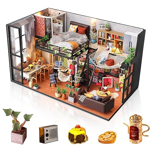 Foyucool DIY Miniature House Kit, Dollhouse Kit with Dust Cover, Mini House Building Kit for for Adult to Building, Christmas/Home Decorations/Gifts for Family and Friends, Loft - Loft