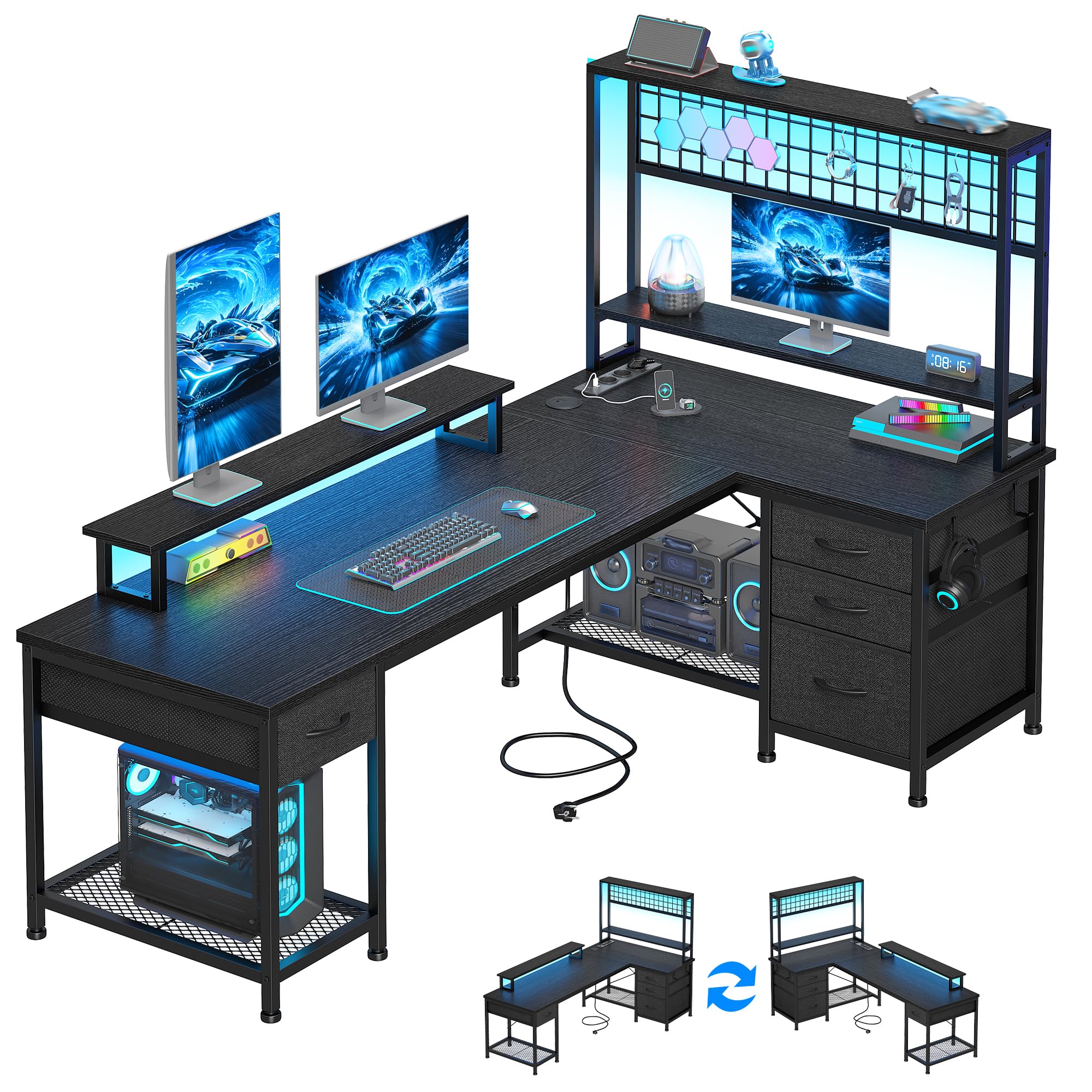 140x100cm Forma a L Gaming Scrivania con Libreria, LED per Lavorare
