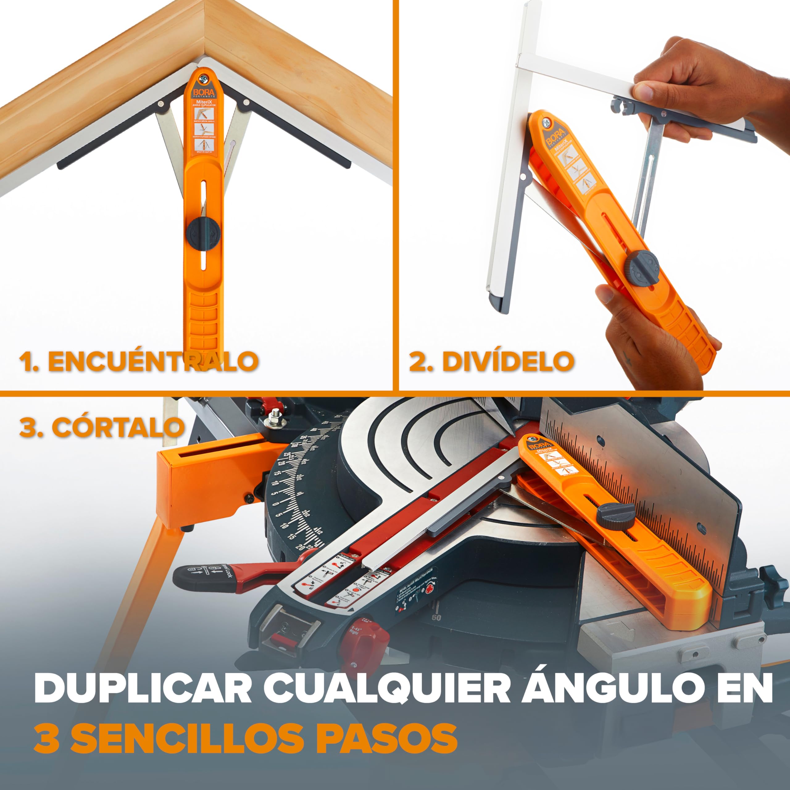 BORA MiteriX – Medidor de Ángulos para Cortes de Inglete Precisos, Herramienta de Duplicación de Ángulos Interior y Exterior, Aluminio, para Carpintería y Bricolaje