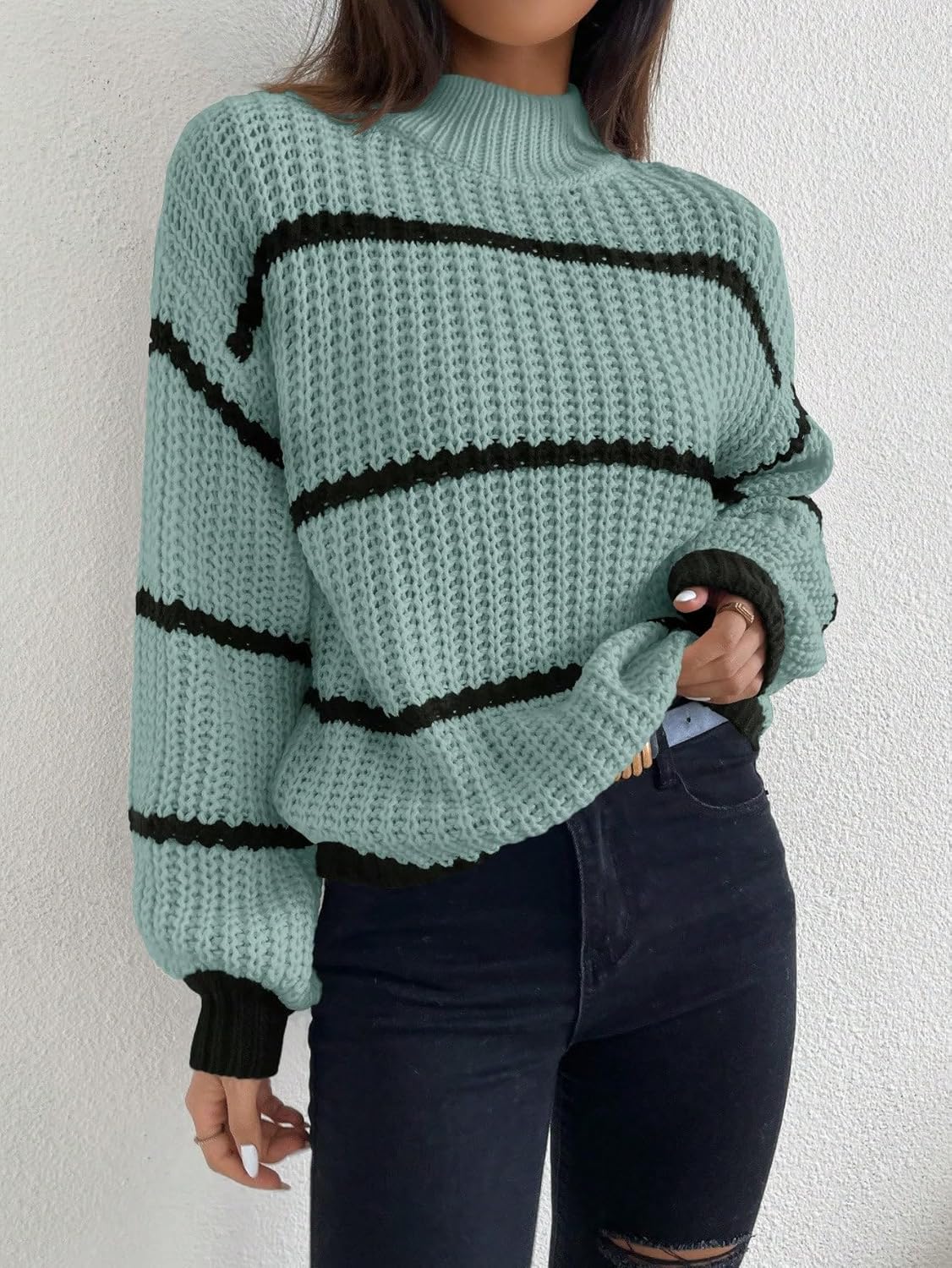 SKAYS Women High-Neck Cropped Sweater Striped Stand-Up Collar Dropped Shoulder Knitted Pullover - Image 7