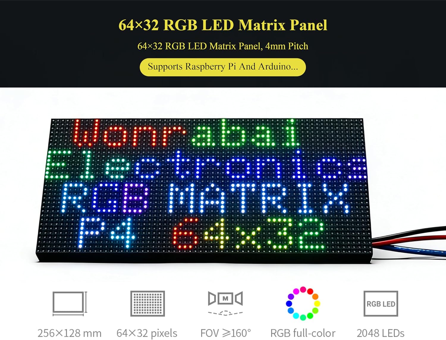 64×32 2048 RGB Full-Color LED Matrix Panel, 4mm Pitch 64×32 Pixels, Adjustable Brightness Compatible with Raspberry Pi 5/4B/3B/Zero/Zero W/Zero 2W/Pico W/Pico 2W, ESP32, etc.