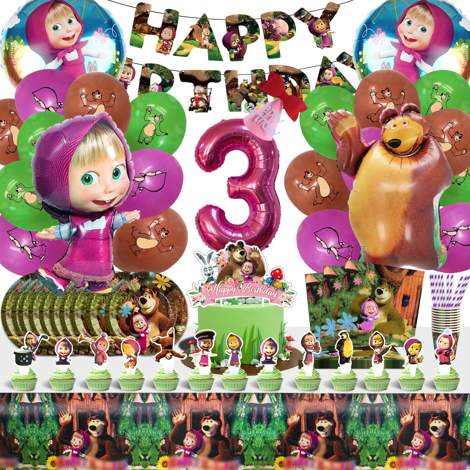Masha 101 Pieces Birthday Decoration Set - Party Tableware, Napkins, Tablecloth, Balloons for 3 Years Old