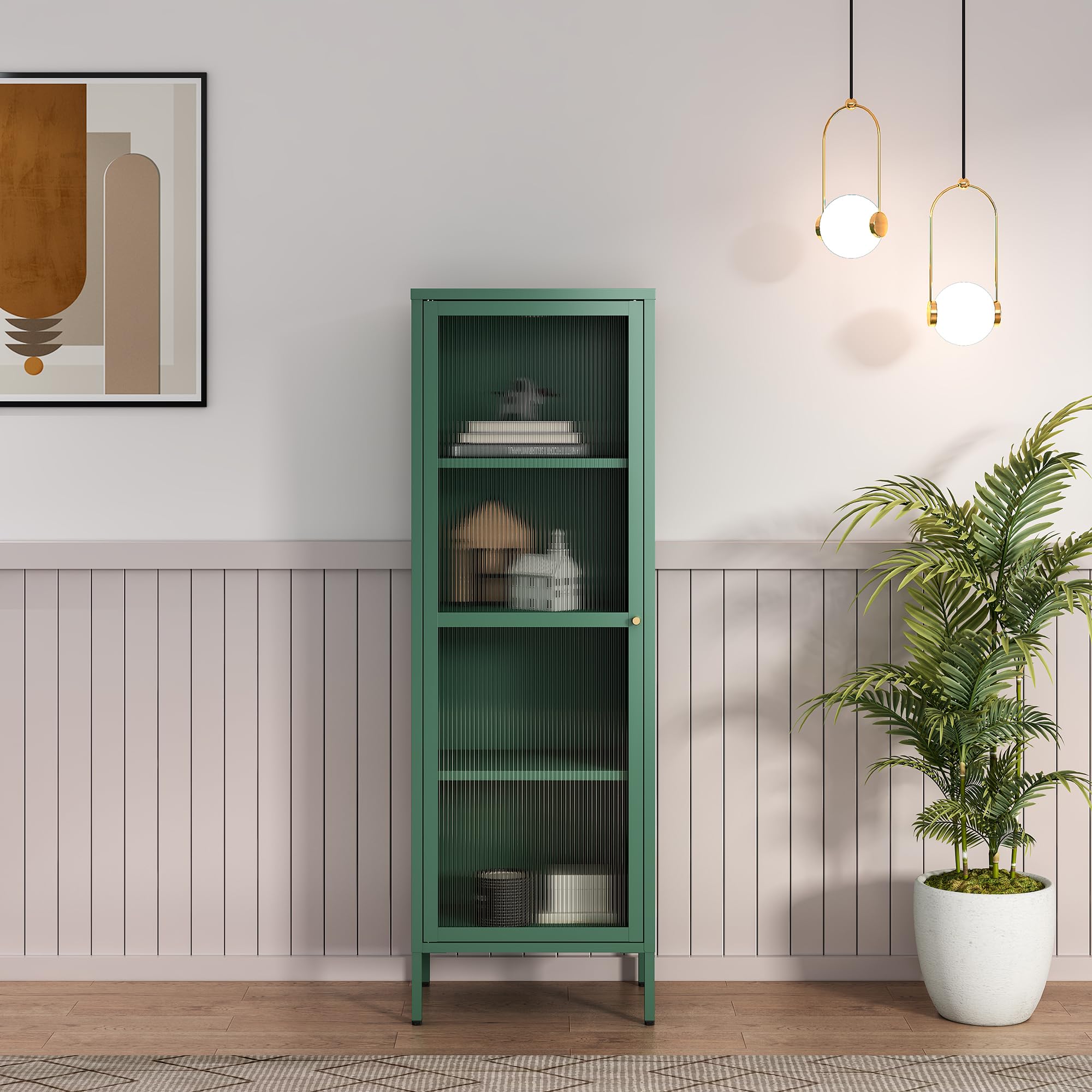 [en.casa] Vitrinenschrank Säkylä Bücherschrank mit 4 Ablagen 150 x 50 x 35 cm Küchenschrank mit 1 Tür Mehrzweckschrank Vitrine Metallschrank Tannengrün