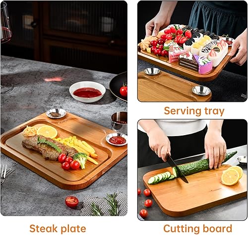 Miniatura 6 de Los platos de madera para carne incluyen 2 tazas de salsa, juego de tabla de carne de madera para servir comida y carne tabla de cortar con ranura