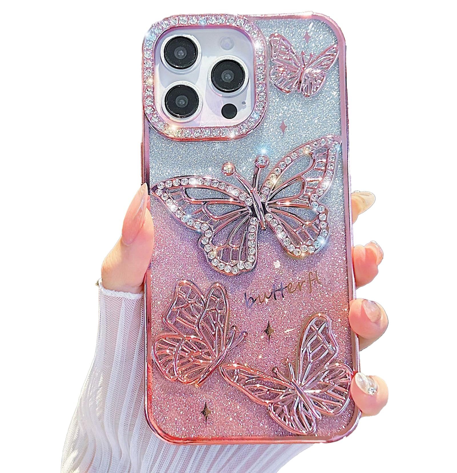 QKD for iPhone 16 Pro Max, Cute 3D Butterfly Glitter Case 6.9" – Plated Slim Protective Cover with Camera Protection, Drop-Resistant Bumper for Women