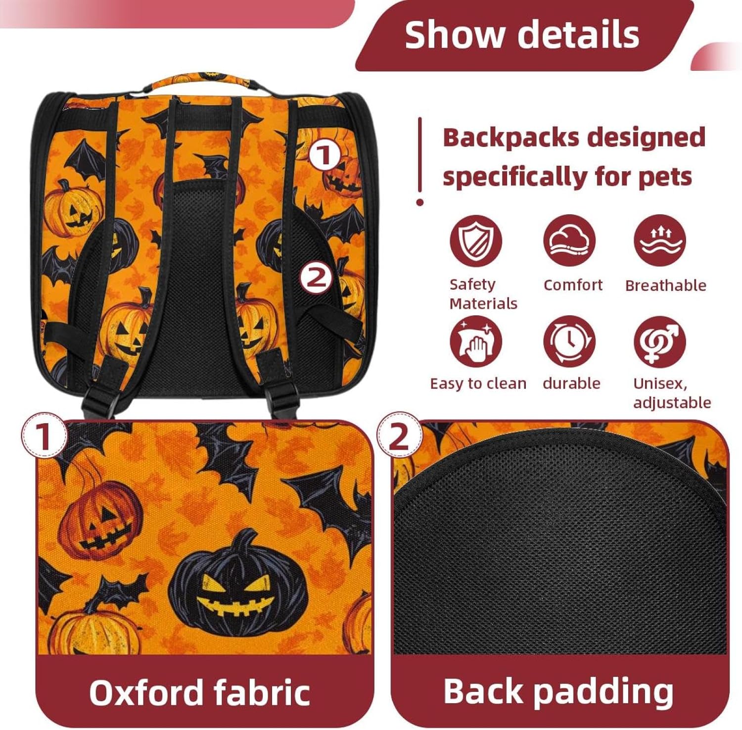 Portable Travel pet Backpack Carrier Hamster Bag Small Dog cat Carrier Breathable Hang Bag, Seamless Pattern of Halloween