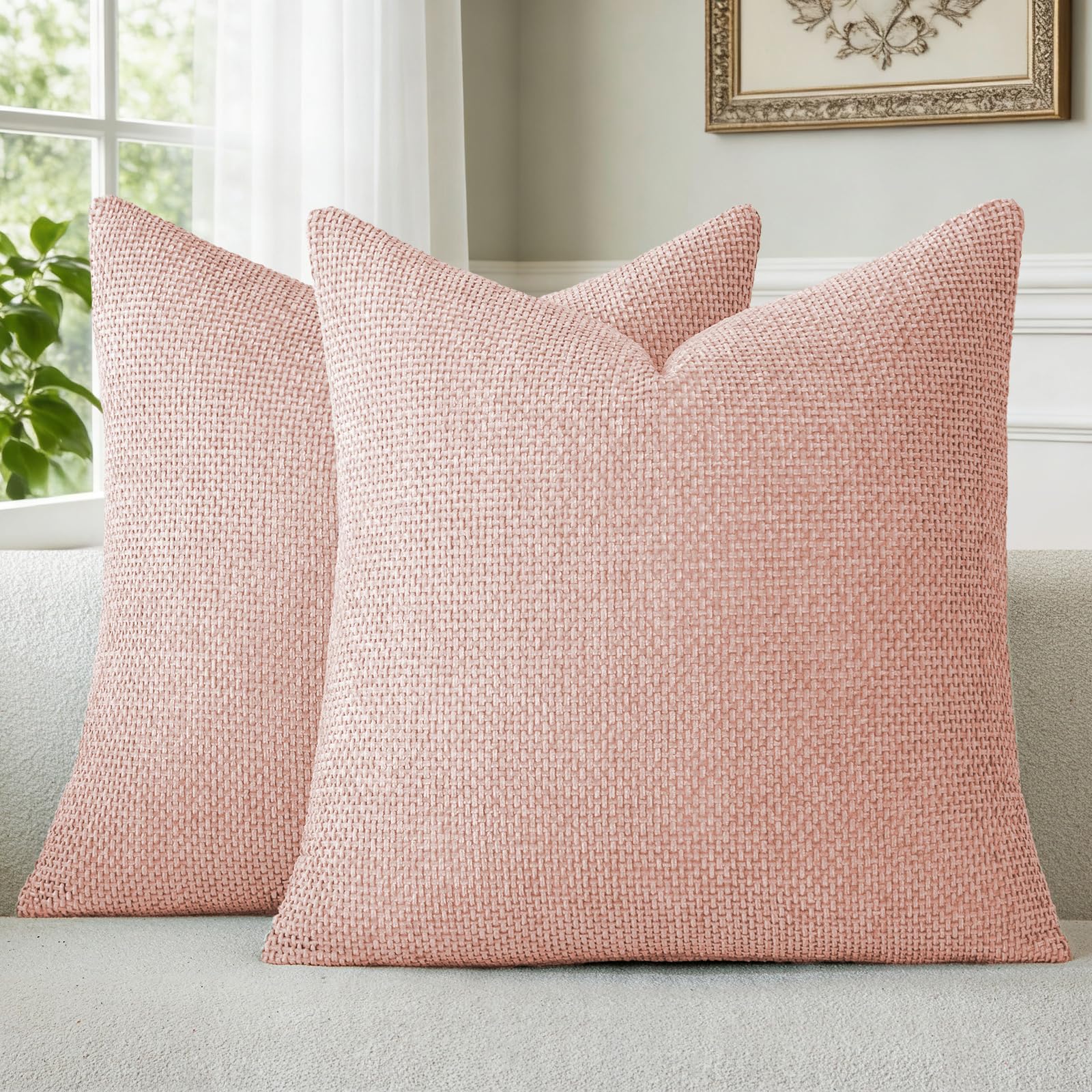 – A Moment Pink Chenille Cushion Cover Throw Pillow Covers 45 x 45 CM Pack of 2 Modern Decorative Pillowcase Farmhouse Cross Pillows