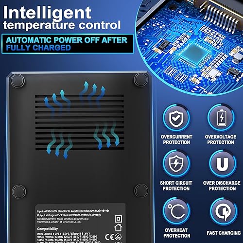 Miniatura 7 de Cargador de batería 18650, 4 bahías de carga rápida con pantalla LCD para baterías recargables LiFePO4 de litio de 3.7 V 21700 10440 26650 14500